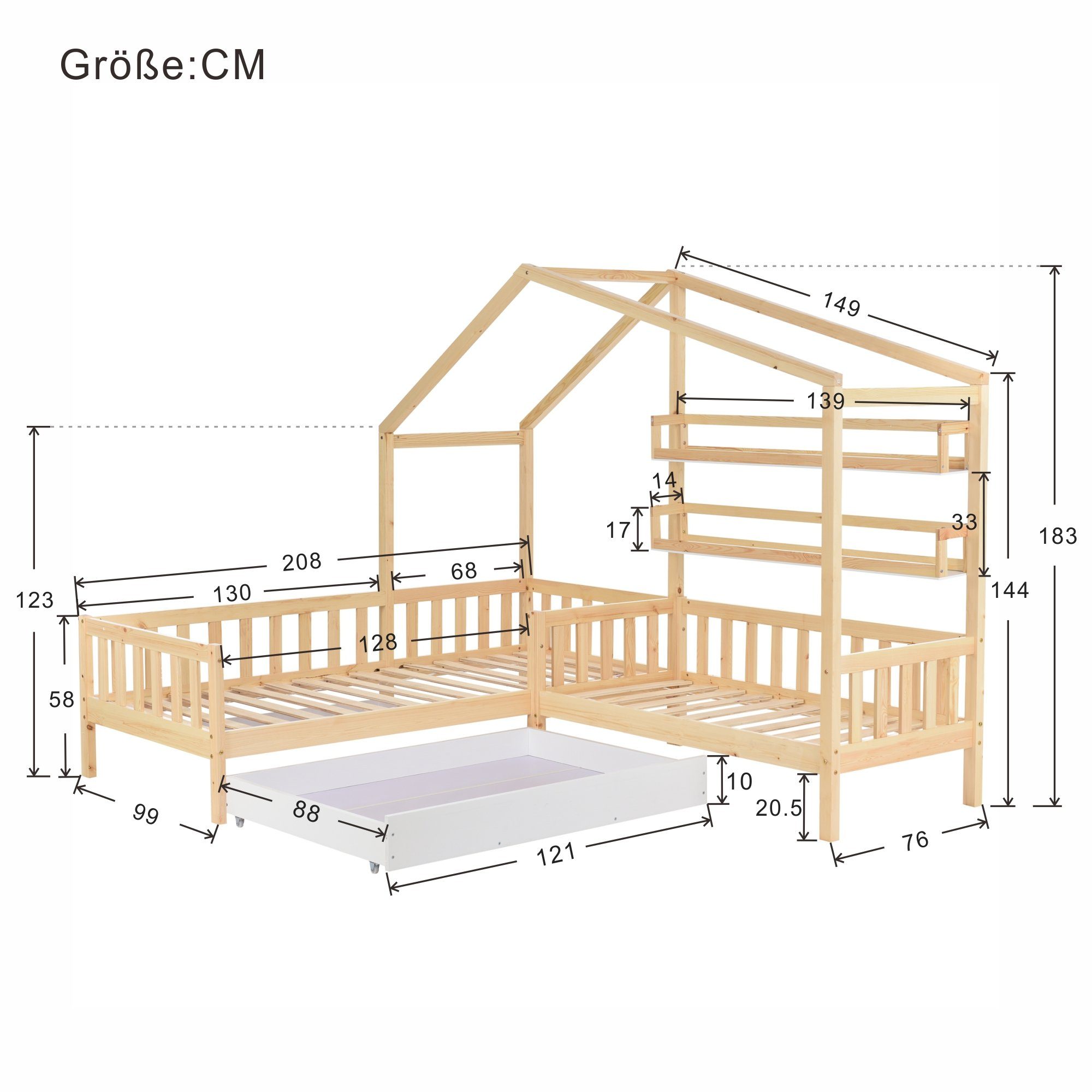 Kinderbett (1-tlg., Hausbett mit 2. Schlafgelegenheit, 90x200 cm, 70x140cm), Einzelbett mit Schublade, Regalen, Lattenrost, Zaun und Rausfallschutz