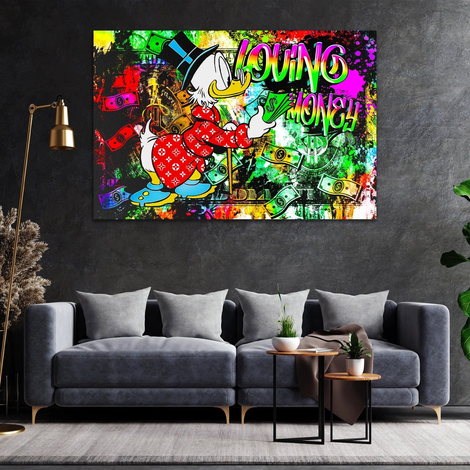 Artedinoi Leinwandbild Loving Money Duck, Comic Wandbild Leinwandbild Kunst XXL Deko, Comic-Ente, geldverliebt