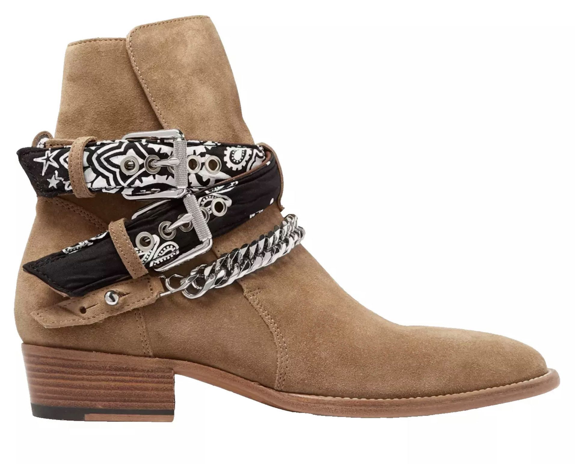 AMIRI Jodhpur Ketten Schuhe Bandana Suede Schuhe Bootsschuh Crossover-Bandana-Riemen, Silberfarbene Kette
