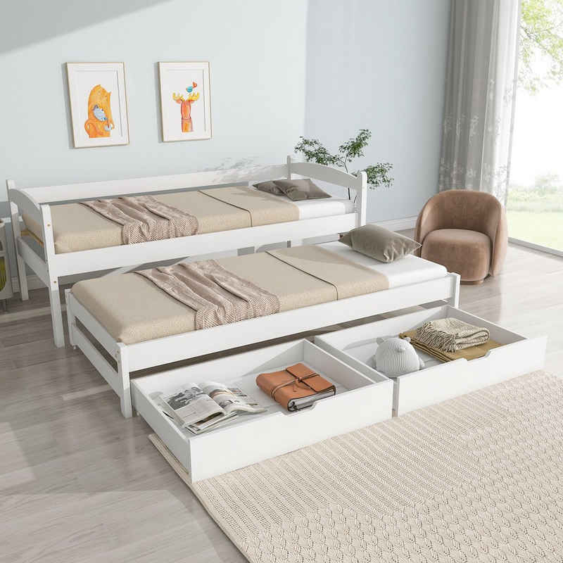 OKWISH Kinderbett Tagesbett, Einzel- und Doppelbett (mit 2 MDF-Schubladen, Massivholzrahmen, weiß (200x90cm/190x90cm), Geeignet für verschiedene Dekorationsstile