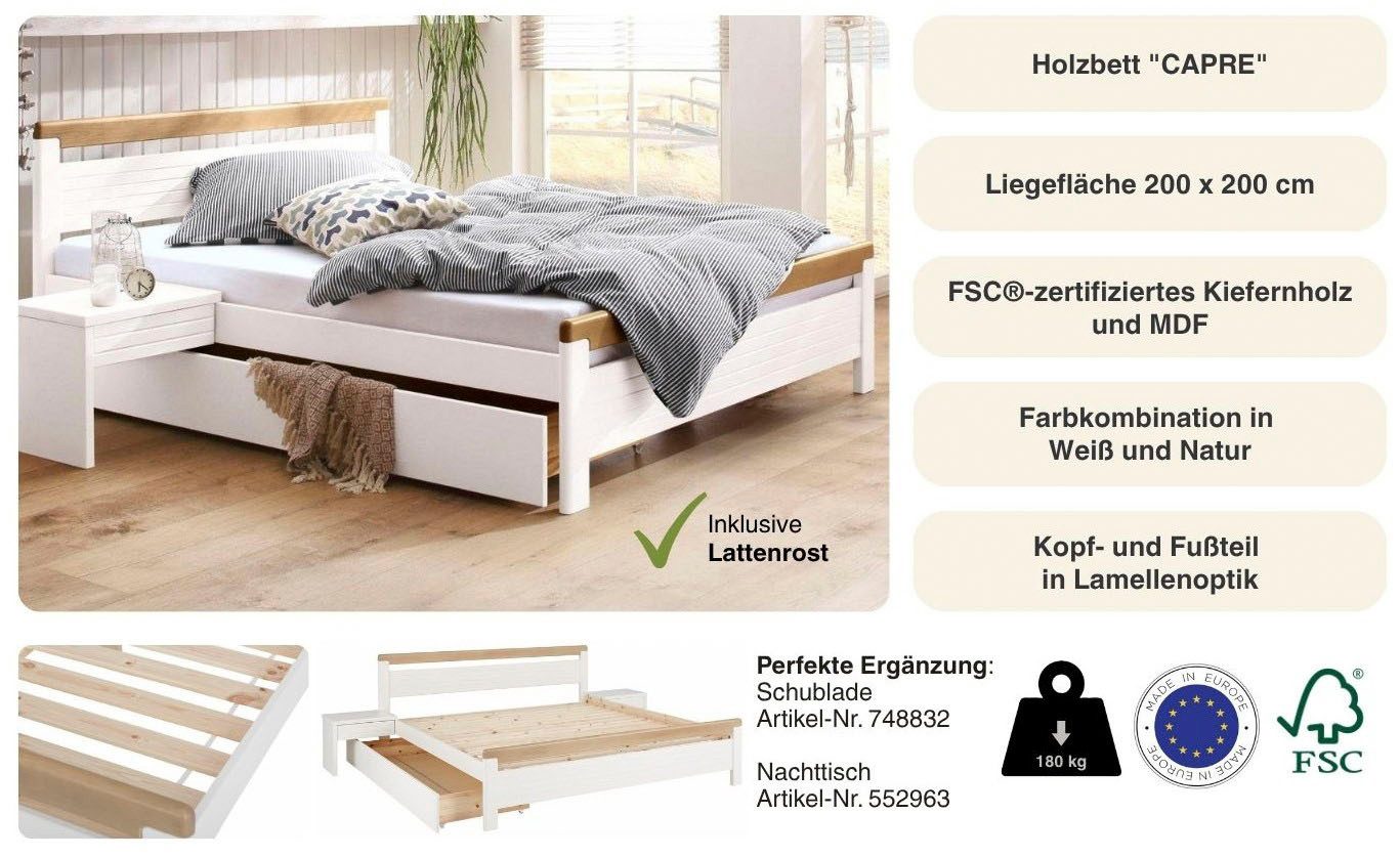 OTTO home Massivholzbett "CAPRE" im skandinavischem Landhausstil, mit Rollrost, aus zertifiziertem Massivholz, Lamellenoptik