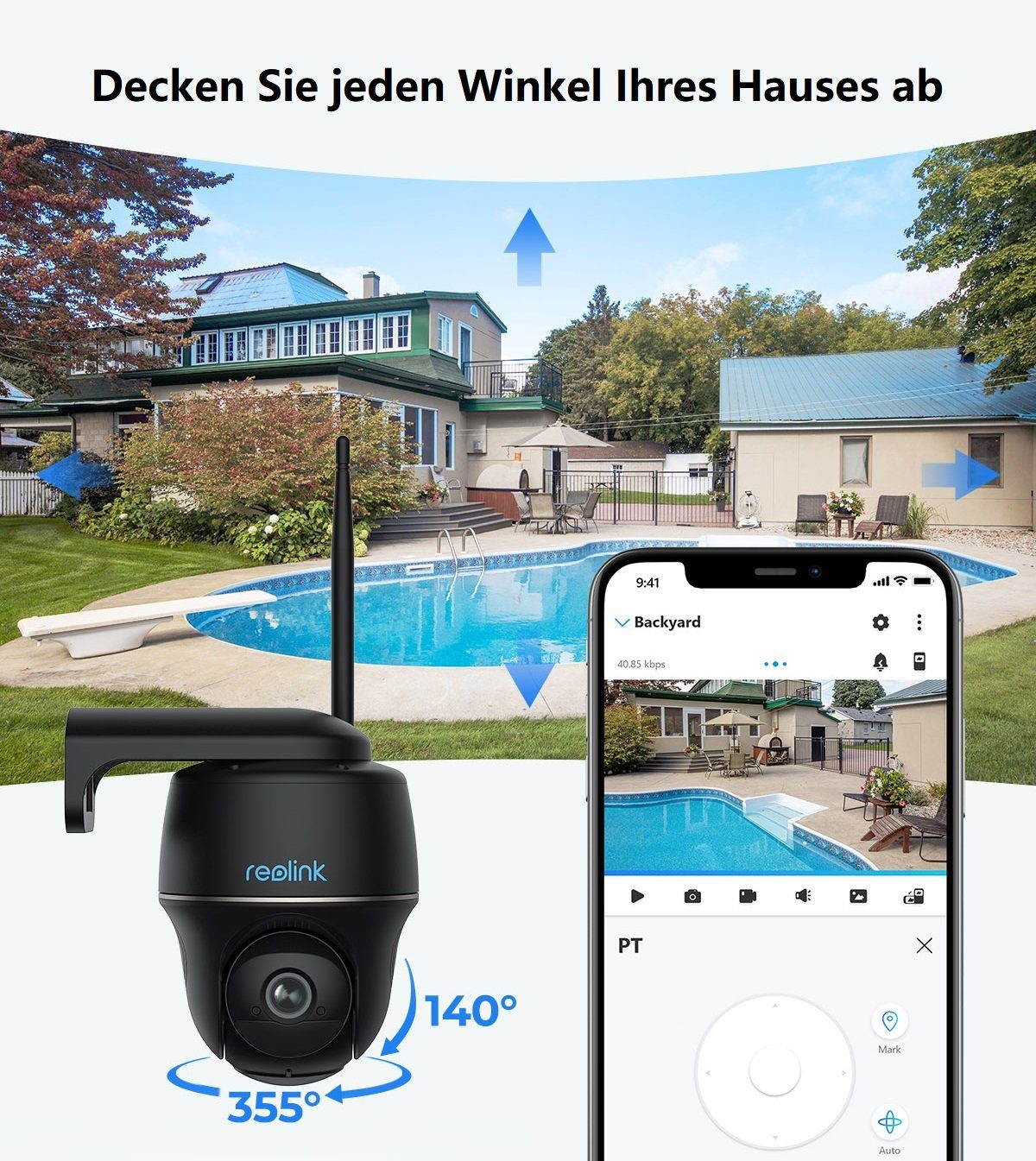 Reolink Überwachungskamera Argus PT+SP 4MP PTZ Akku- oder solarbetriebene 2,4/5GHz WLAN IP (Außenbereich, PIR-Erkennung,IR-Nachtsicht,Could-Speicherung)