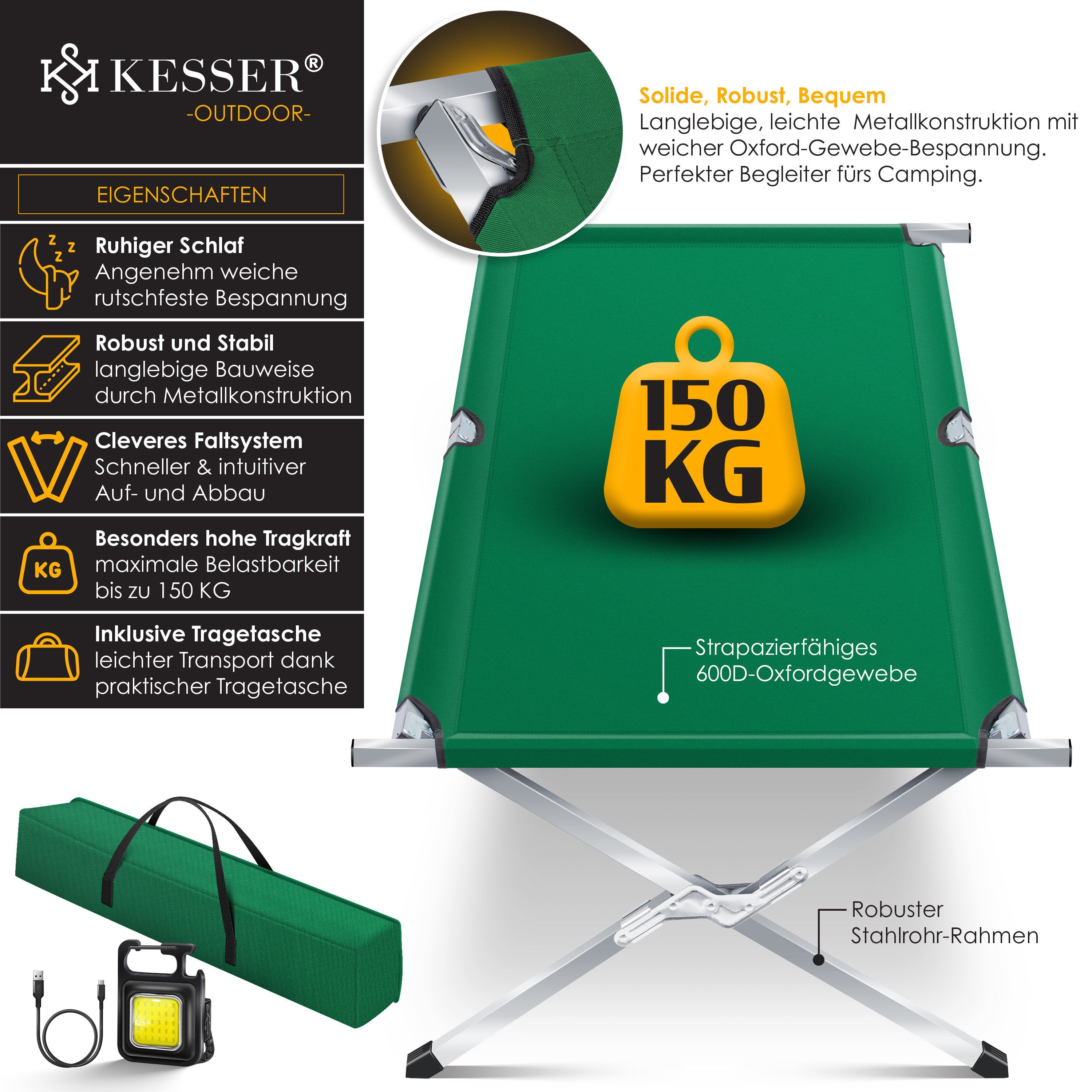 KESSER Bett, Campingbett Klappbett Inkl.Tragetasche und Seitentasche Stab