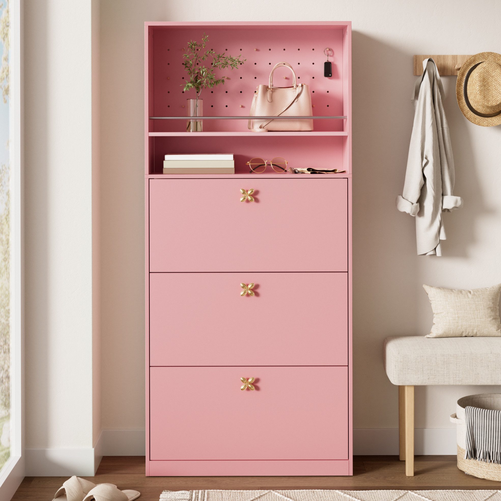 OKWISH Schuhschrank Schuhkipper Schuhregal (mit 3 Kippfächern und offenen Ablageflächen, elegantes Flurschrank mit Kleeblatt-Griffen, 80×24×178,5 cm)