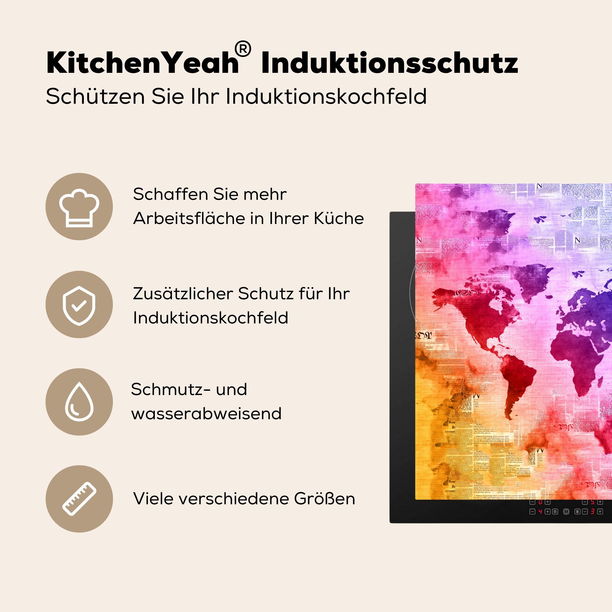 küche cm, Herdblende-/Abdeckplatte Weltkarte 78x78 Abstrakt, - tlg), Farben Arbeitsplatte MuchoWow für Vinyl, (1 Ceranfeldabdeckung, -