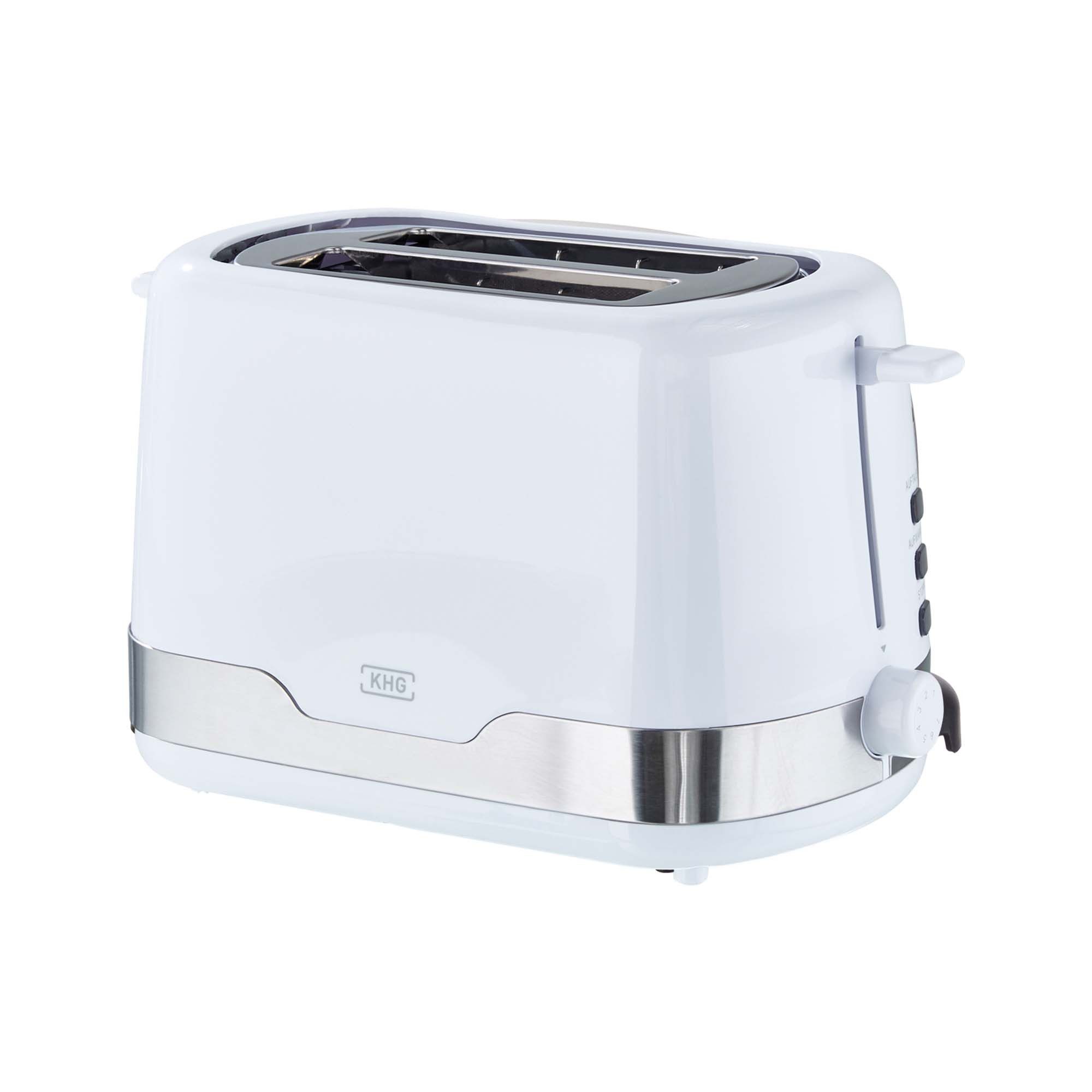 KHG Toaster Weiß, Auftau- und Aufwärmfunktion, 7 stufenlose Bräunungsstufen, 2 kurze Schlitze, für 2 Scheiben, 850 W, Edelstahl, Brötchenaufsatz, Krümelschublade