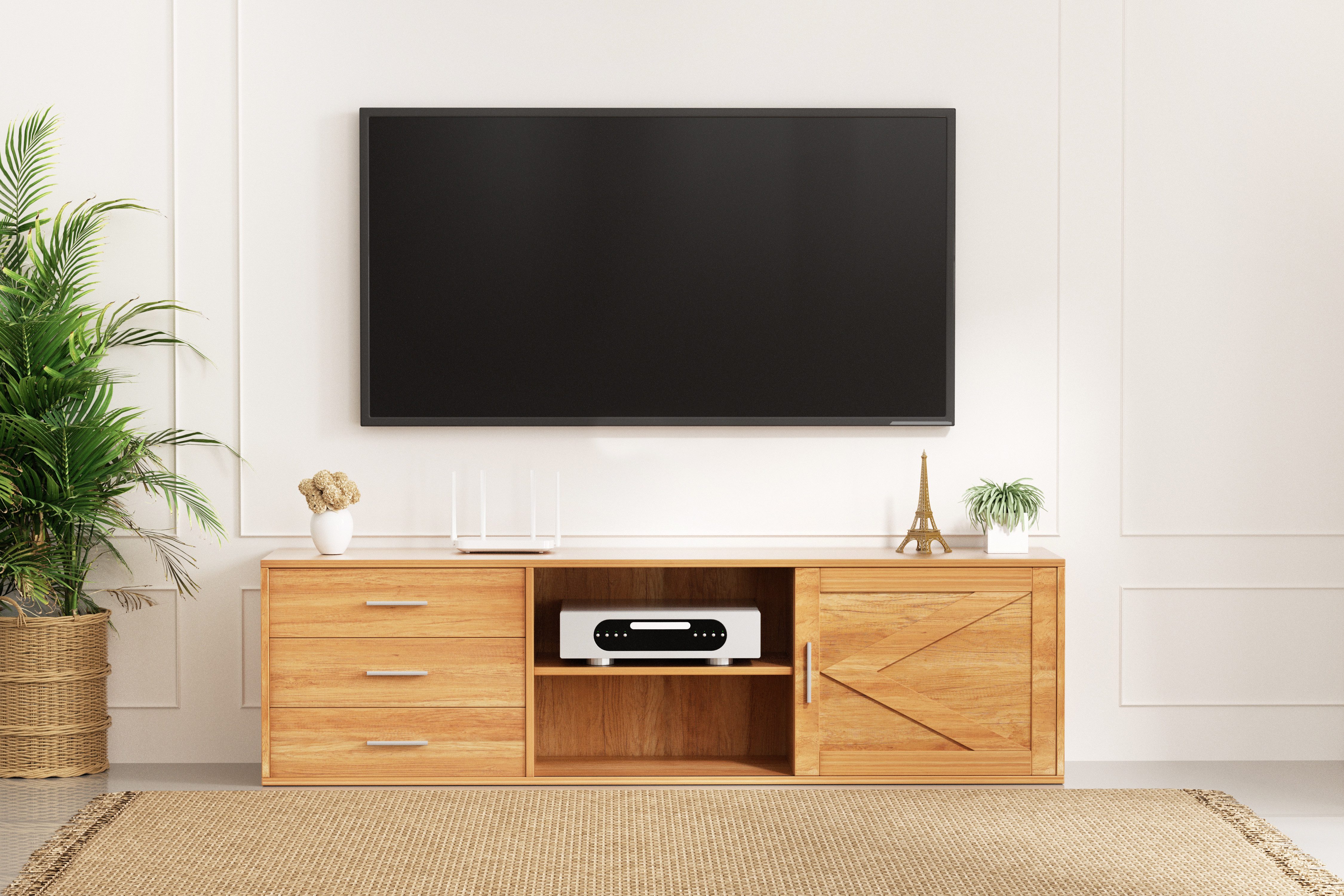 HOMAVO Lowboard TVG1 mit 3 Schubladen & Schiebetür, 160 - 180 cm (FSC®, viel Stauraum, pflegeleicht), Bodenstehendes TV-Lowboard mit Stauraum