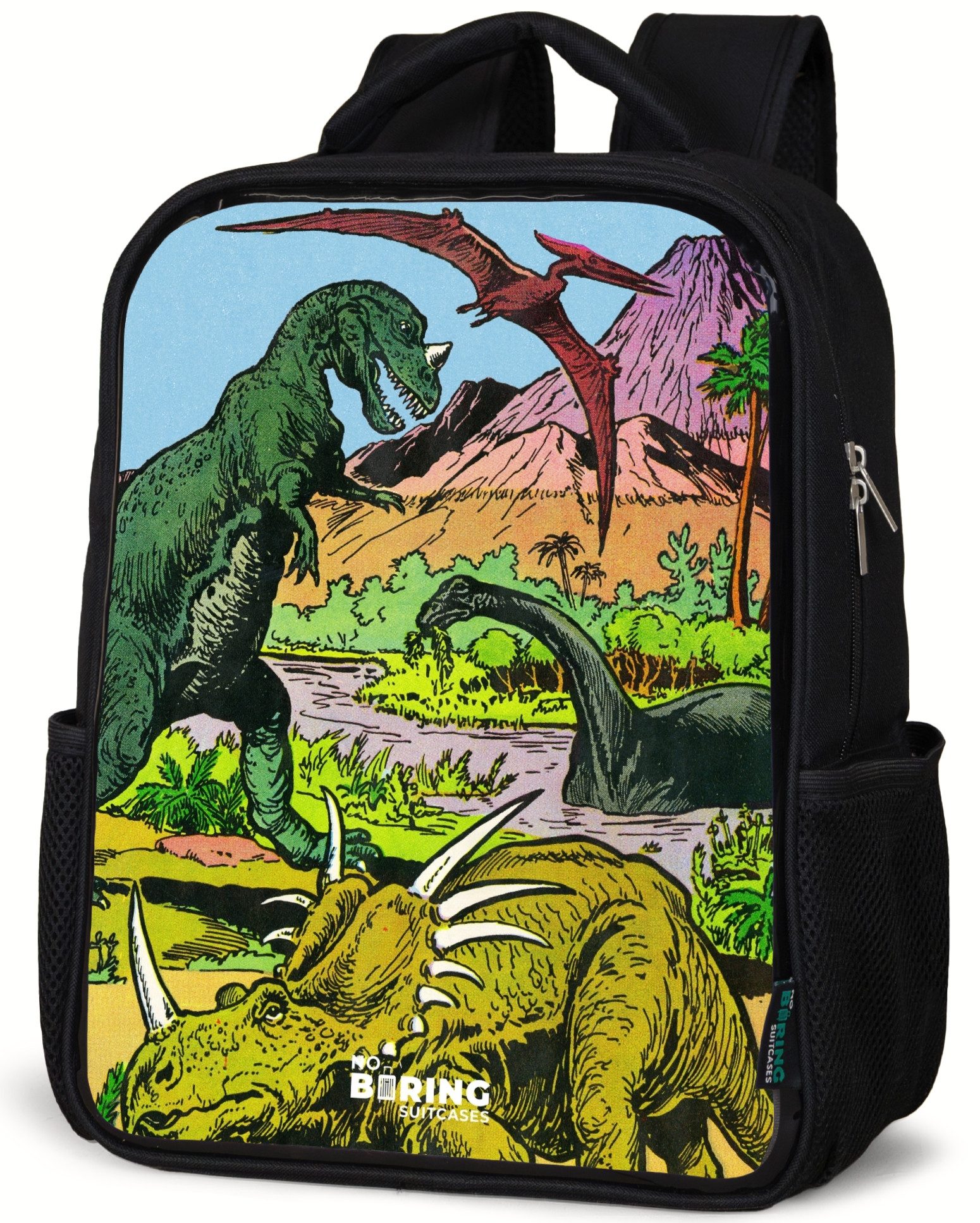 Rucksack Dinosaurier an einem Vulkan