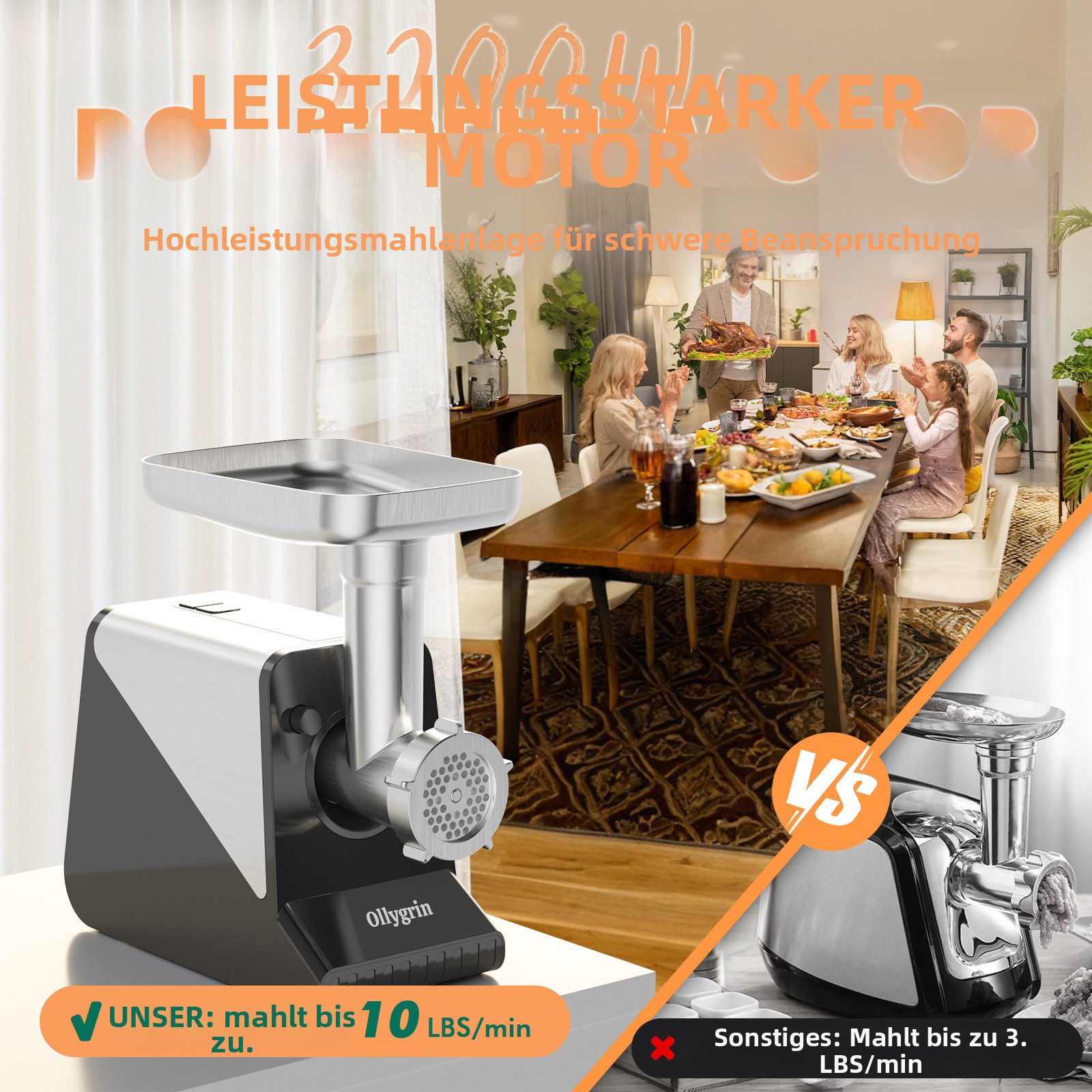 Ollygrin Fleischwolf Elektrischer Fleischwolf, max. 3200 W, hochleistungs-Wurstwolf, 800 W