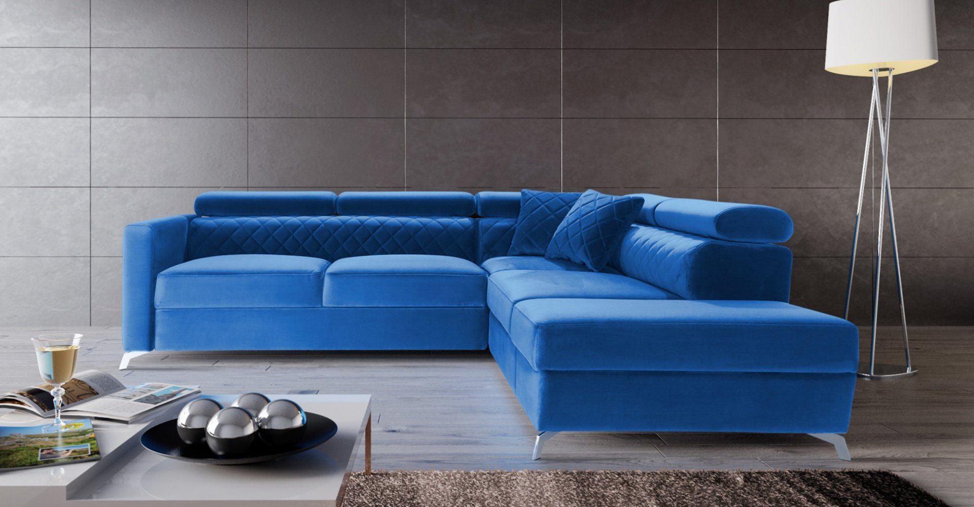 JVmoebel Ecksofa Ecksofa L-Form Couch Design Polster Textil Bettfunktion Stoff Blau, Made in Europe