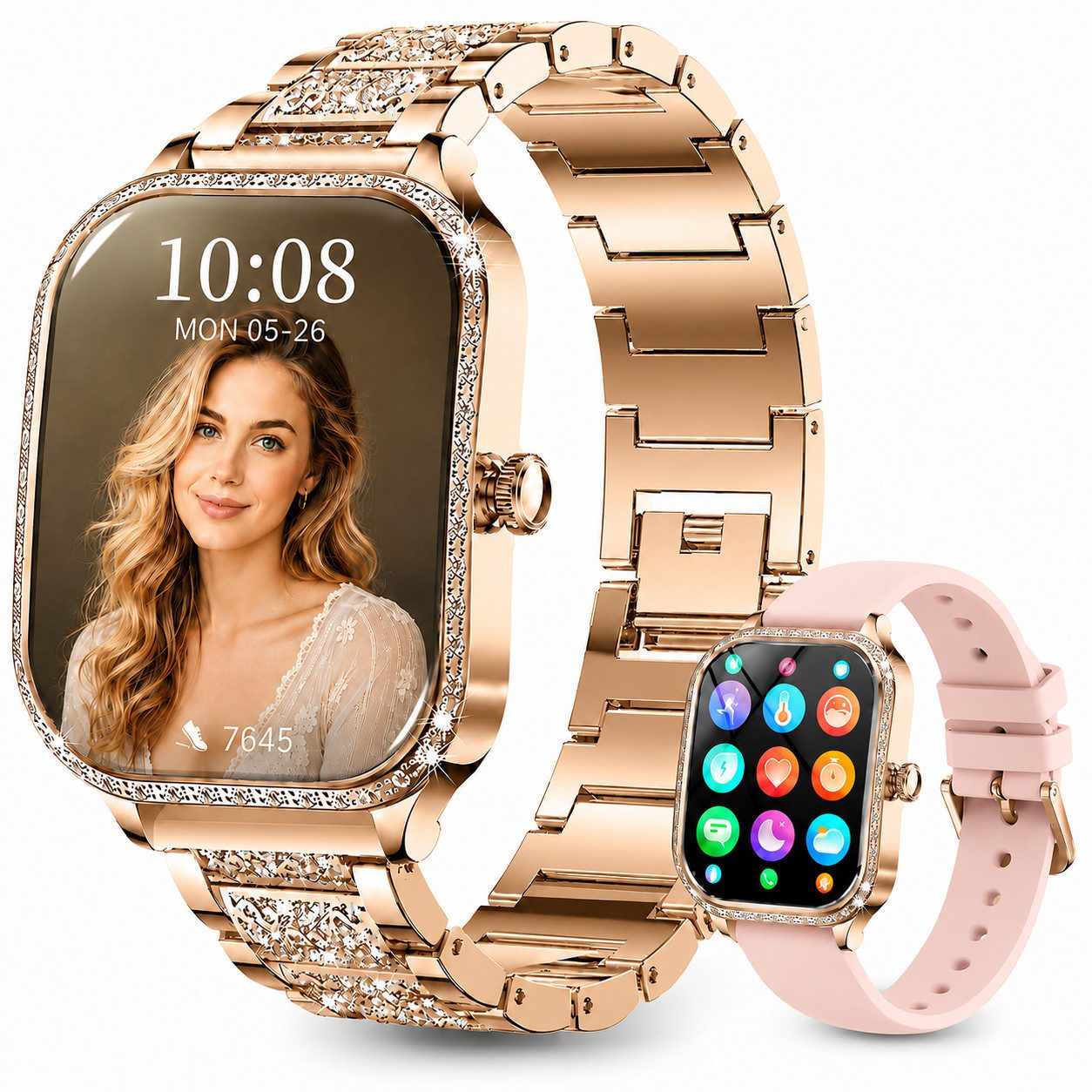 Toomoke Smartwatch, Fitnessuhr Damen, Sportuhr, Aktivitätstracker Smartwatch (4,45 cm/1,75 Zoll), Bluetooth-Armbanduhr mit Telefonfunktion, Damen Uhr für Alltag & Sport, Metall- und Silikonarmband, eigenes Foto als Zifferblatt