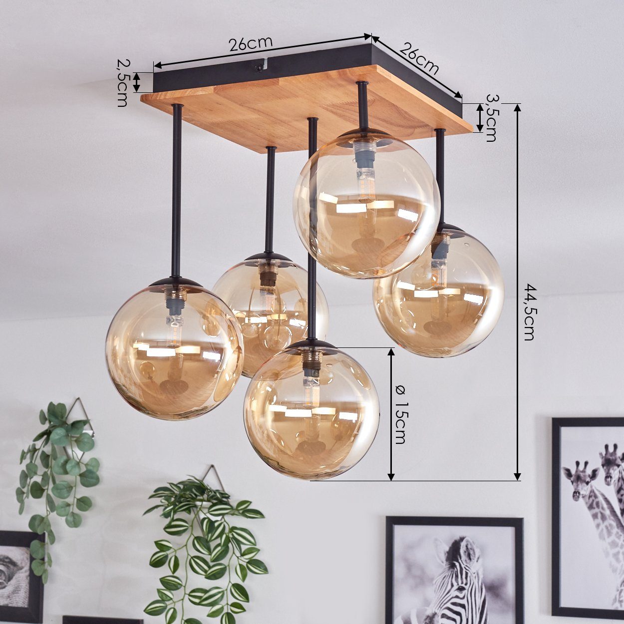 hofstein Deckenleuchte Deckenlampe aus Metall/Holz/Glas in Schwarz/Natur/Bernsteinfarben, ohne Leuchtmittel, Leuchte mit Schirmen aus Glas (15 cm), 5 x G9, ohne – Bild 4 von 5