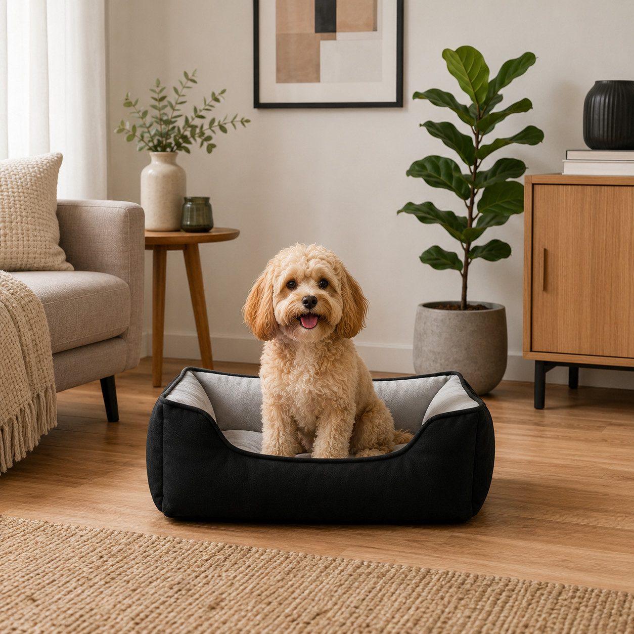 belviona Tierkissen weich gepolstert & pflegeleicht, 60x50 cm, schwarz/grau, Wildlederimitat, Wendbares Hundekörbchen mit 2-in-1 Funktion