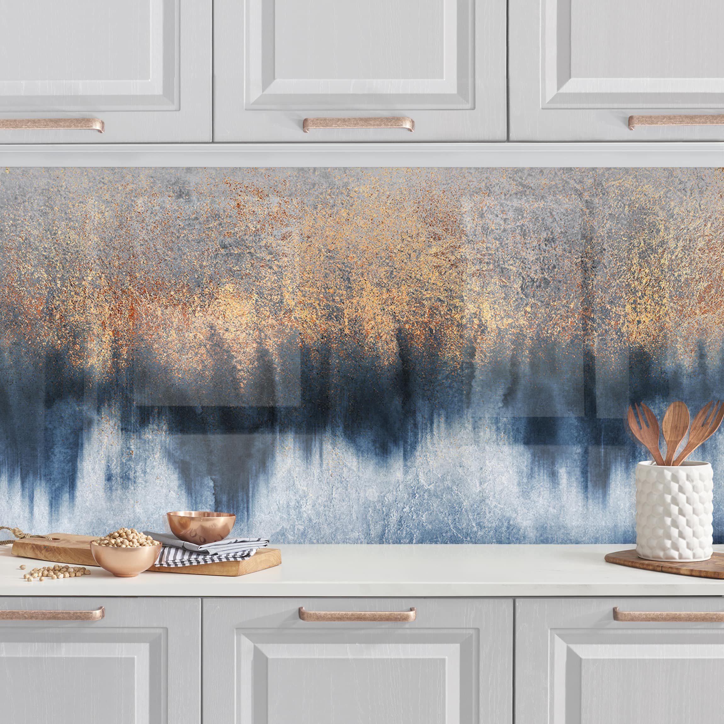 Bilderdepot24 Küchenrückwand gold dekor Abstrakt Aquarell Kunst Muster Goldener Horizont, (1-tlg., Nischenrückwand - für Fliesenspiegel ohne Bohren - matt), Spritzschutz Rückwand Küche Herd - Folie selbstklebend versch. Größen