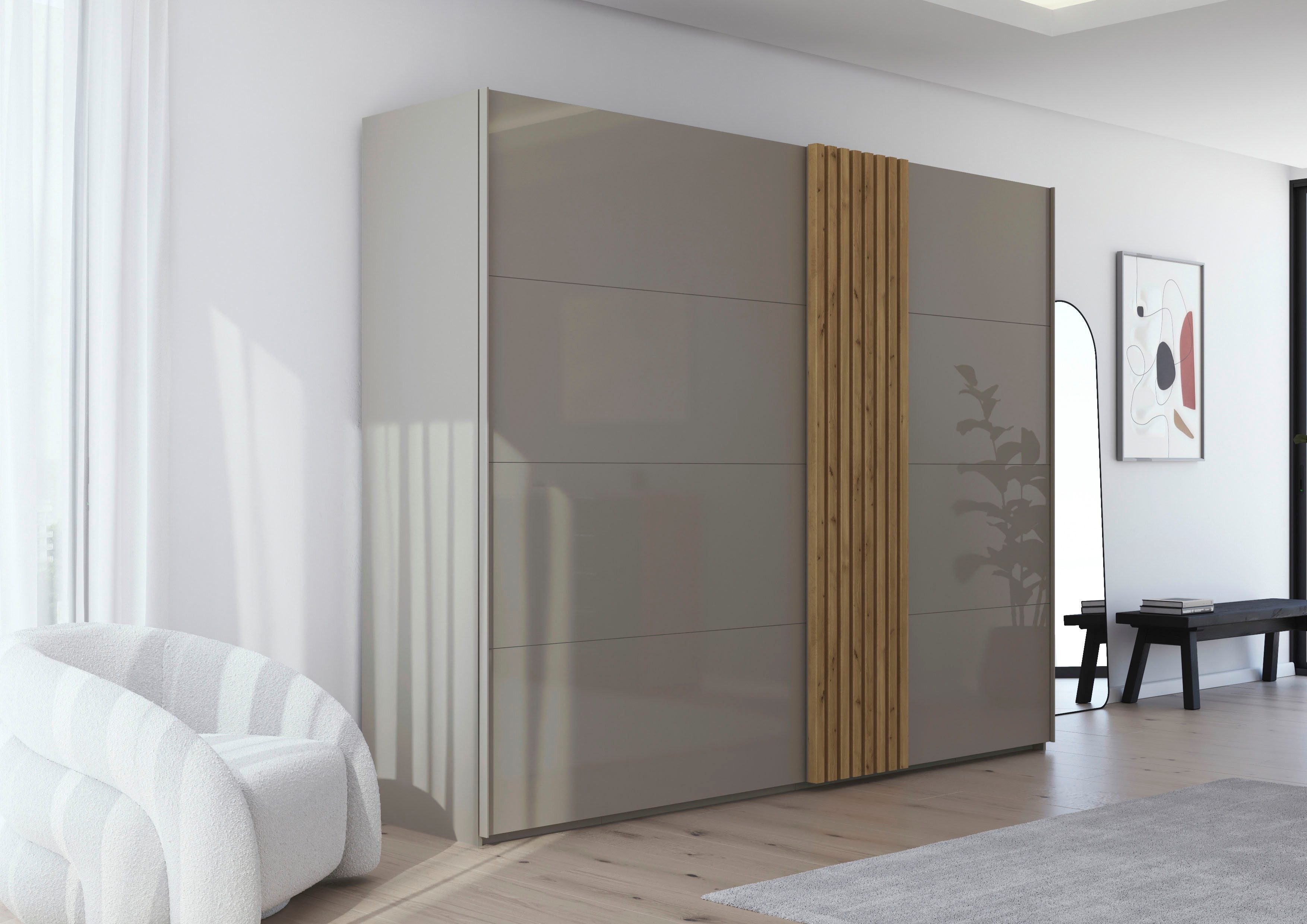 rauch Schwebetürenschrank Kleiderschrank Schrank Garderobe Wäscheschrank TEGIO mit hochwertigen Holzdekoraufleistung und Glasfront MADE IN GERMANY