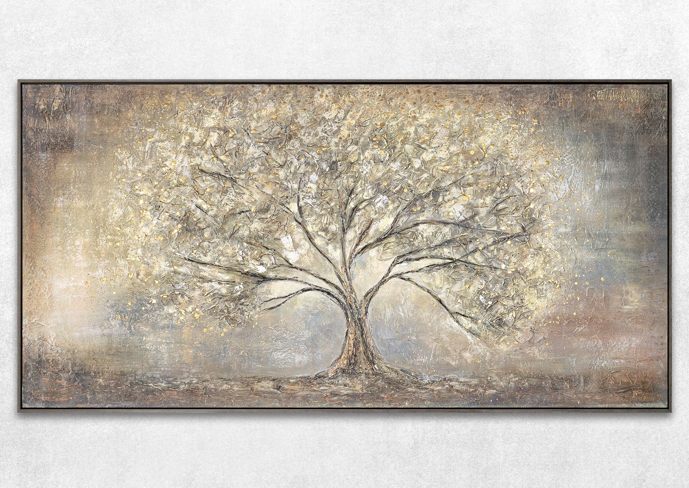 YS-Art Gemälde Braun Rahmen in Bilder, Stammbaum Handgemalt Grau Bild Goldbaum, Leinwand Gold Abstrakte Baum Mit