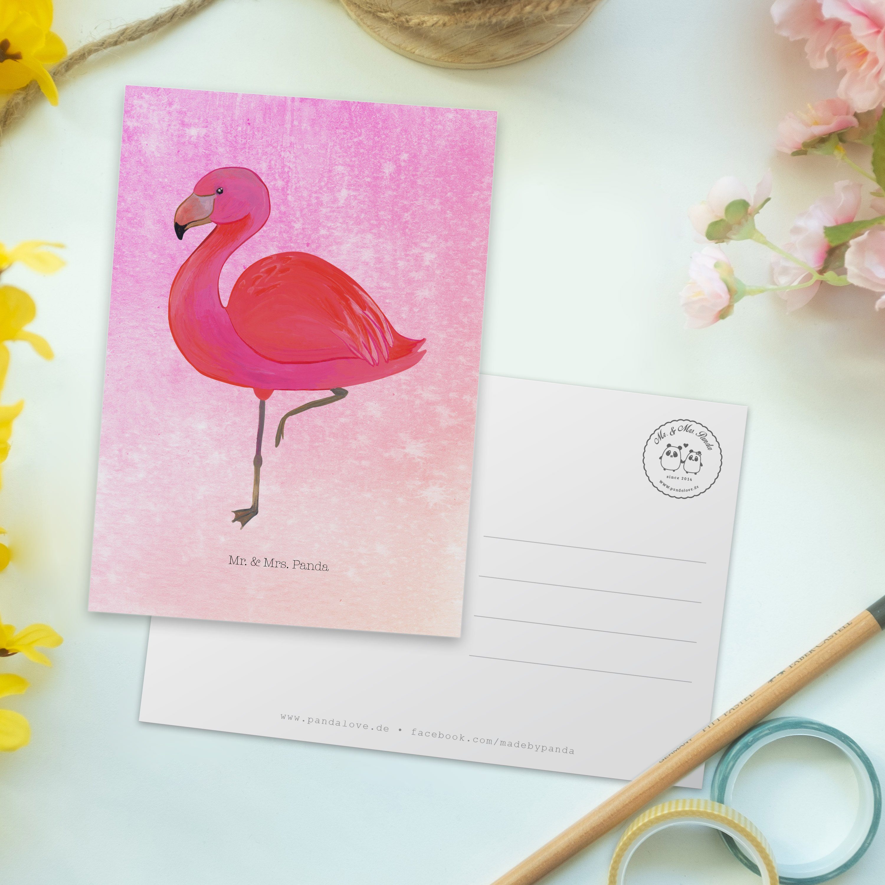 Mrs. Flamingo & Postkarte Geschenk, Geschenkkarte, Pink - classic - Panda Aquarell prächtig Mr.