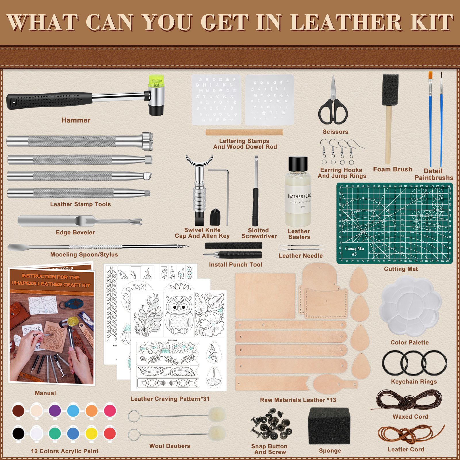 OSTWOLKE Kreativset Leder Handwerk Werkzeuge Set - DIY Zubehör für Hand Lederarbeiten