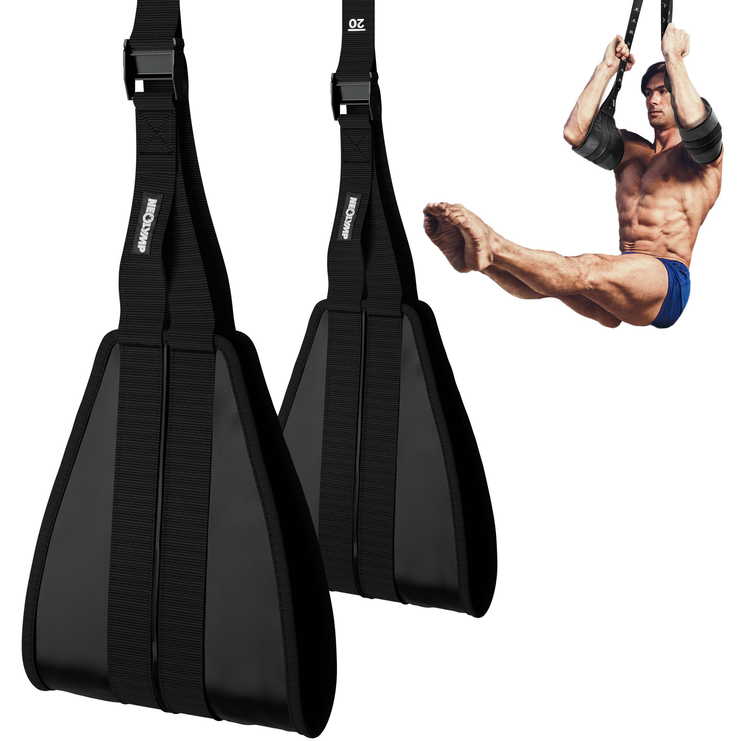 NEOLYMP Bauchtrainer Bauchmuskelschlaufen - Armschlaufen mit Edelstahl-Haken, gepolstert (2x Armschlaufen, Edelstahl-Haken, verstellbar & Nylon-Tragetasche), Bauch Trainingsgerät bis 250 kg belastbar und höhenverstellbar