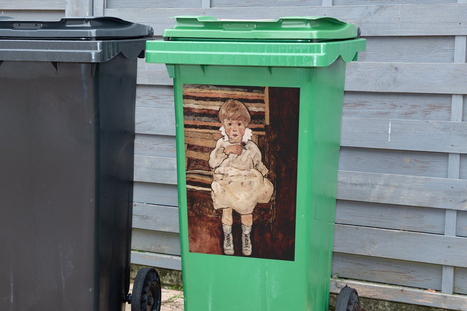 Sticker, Wandsticker MuchoWow Mülltonne, St), Abfalbehälter (1 - Schiele Egon Mülleimer-aufkleber, Container, Kind Sitzendes