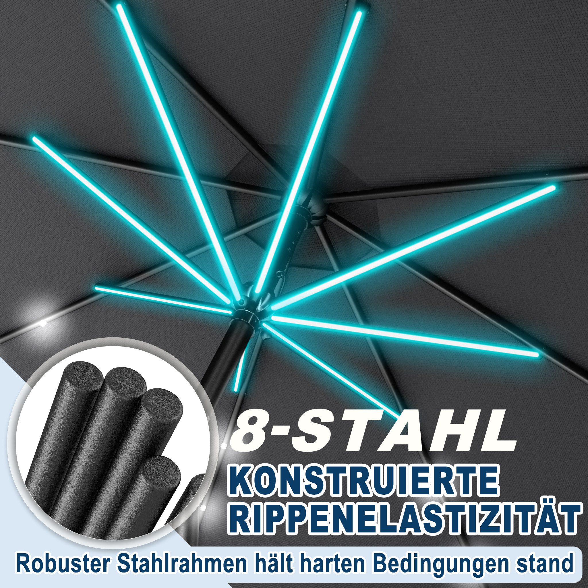 FIVMEN Sonnenschirm 300cm Solarbetriebene mit LED Sonnenschirm mit Kurbel Marktschirm, UV-Schutz Kurbelschirm für Garten & Terrasse – Bild 5 von 5