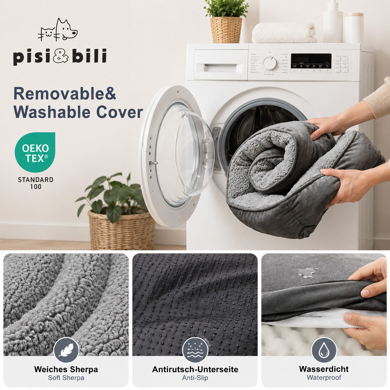 Pisi & Bili Hundebett, orthopädisch Hundekissen für kleine große Hunde, Zubehör, Polyester Sherpa-Fleece, waschbar, wasserdicht