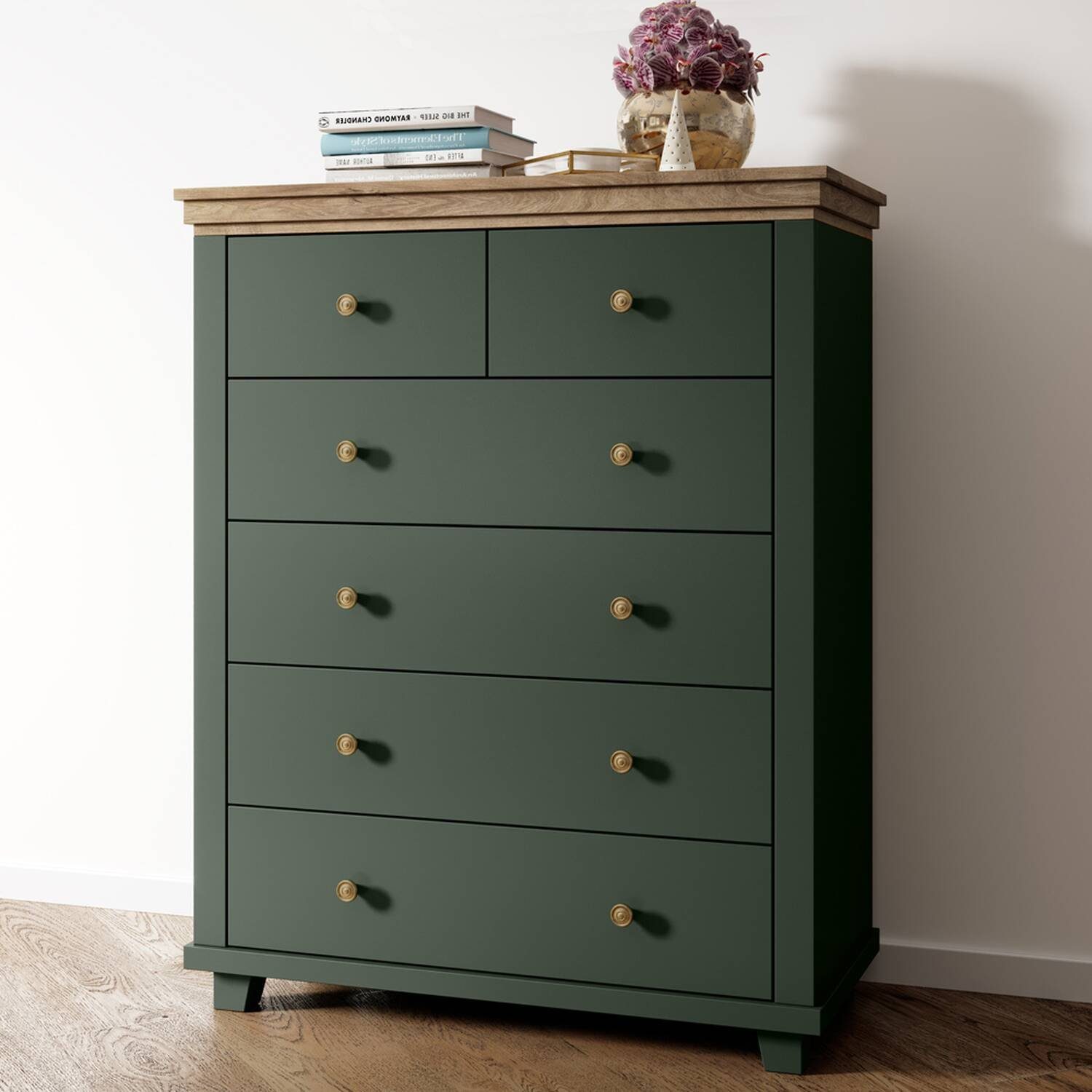 Lomadox Highboard »EPSOM-83«, Kommode Landhausstil in grün mit Lefkas Eiche Nb., B/H/T: ca. 90/112,5/42 cm
