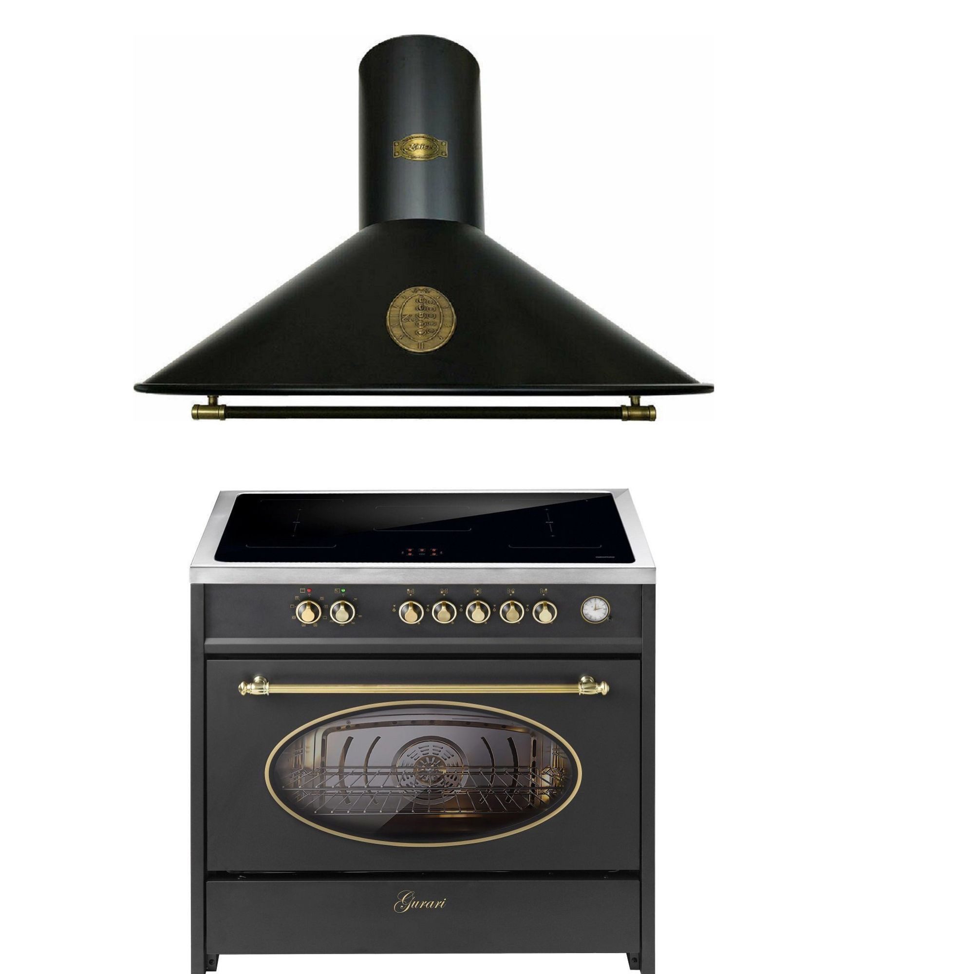GURARI Induktions Herd-Set Retro Range Cooker 90 cm, FLEX ZONEN, Booster, 5 Zonen,121L+Dunstabzugshaube 90 cm E 913 RU BL+A 9423 ECO.,., mit 1-fach-Teleskopauszug