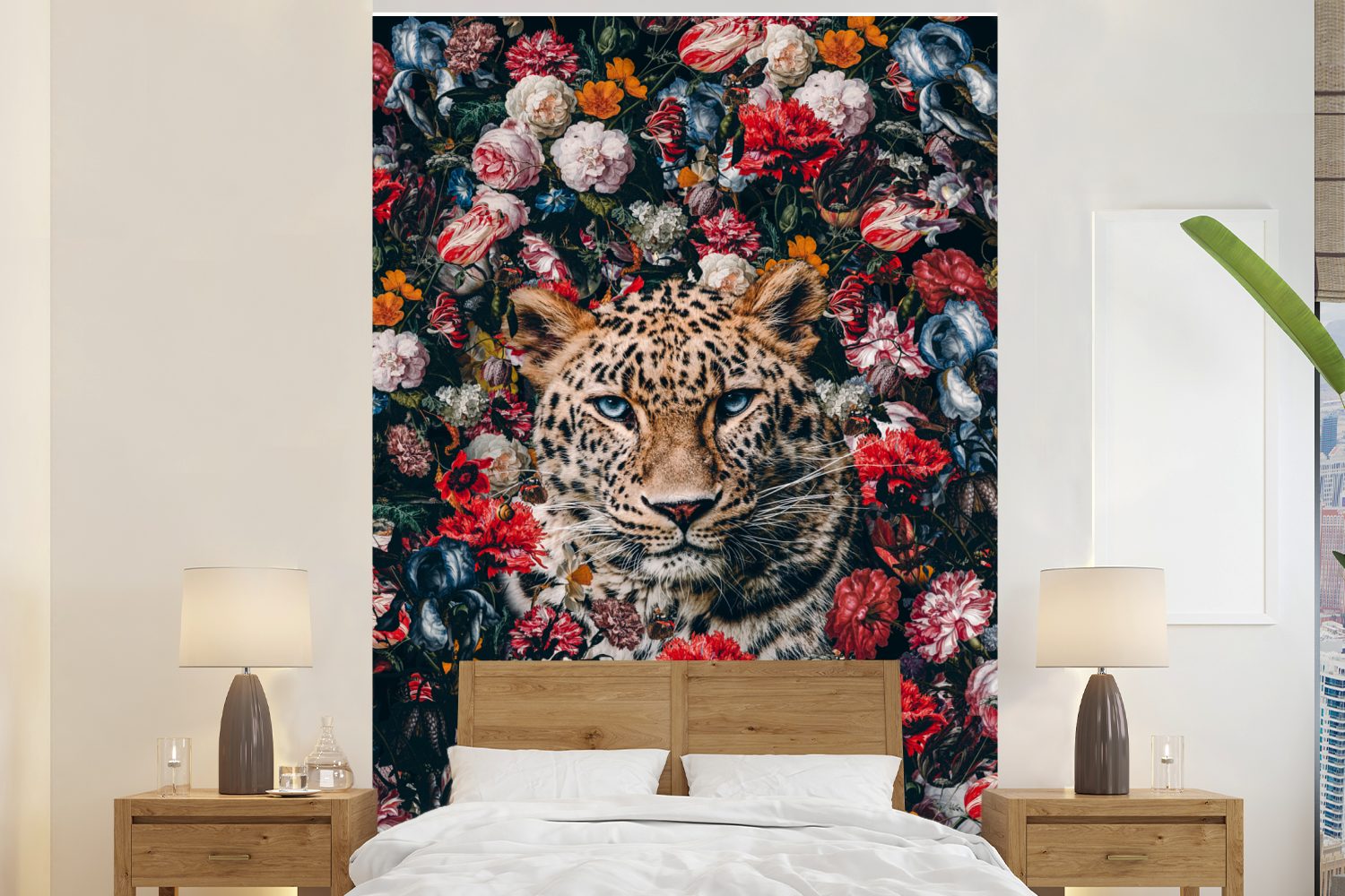 MuchoWow Fototapete Leopard - Blumen - Mantel, Matt, bedruckt, (3 St), Montagefertig Vinyl Tapete für Wohnzimmer, Wandtapete | Fototapeten