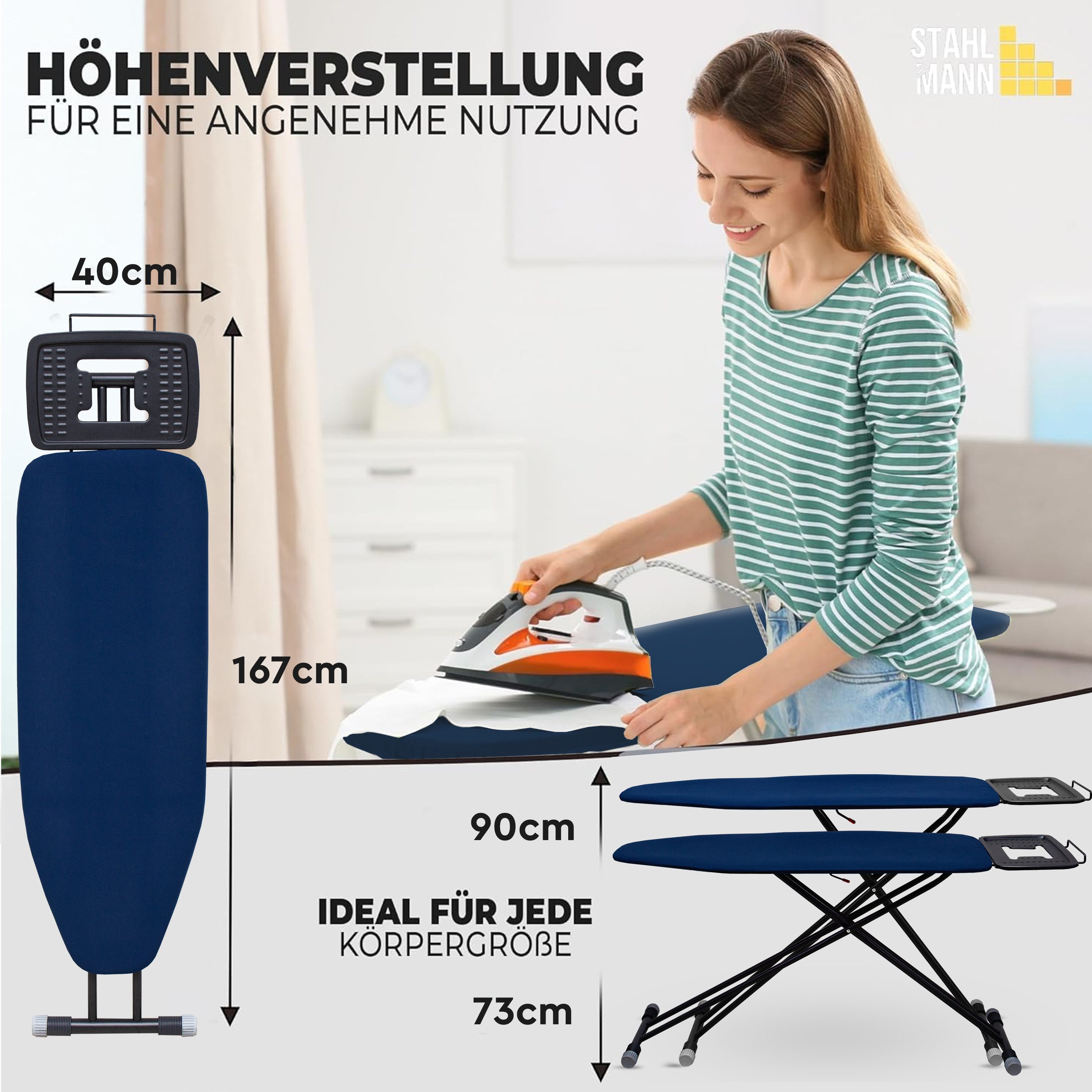 STAHLMANN COMMERCE GmbH Bügelbrett STAHLMANN ® großes Bügelbrett [120x42 Bügelfläche], Bügelfläche 42x120 cm, extra stabiles Bügelbrett [Made IN Europe]