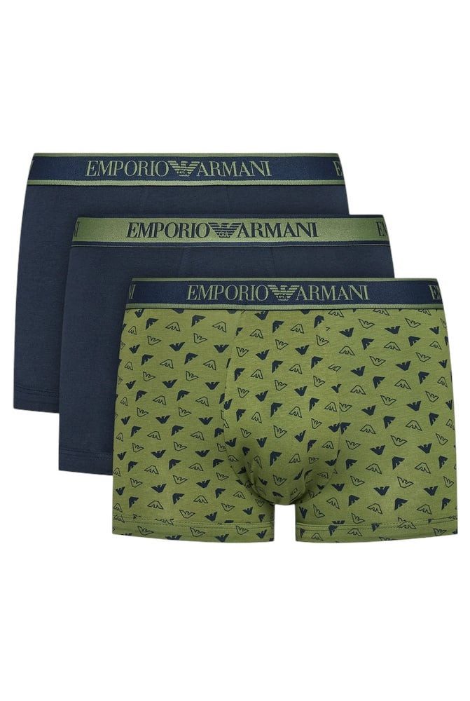 Emporio Armani Boxershorts Unterwäsche Trunk Cotton dunkelblau/grün gemustert Herren - 3 Stück