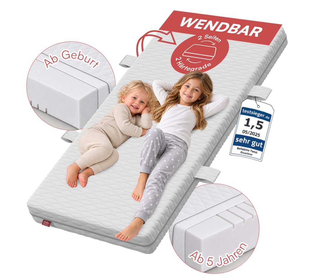 Kindermatratze Twist, Babymatratze ab Geburt, wendbar H1/H2, 7-Zonen, Bellabino, (80x160 cm), Kaltschaummatratze, abnehmbarer Bezug, Oeko-Tex zertifiziert