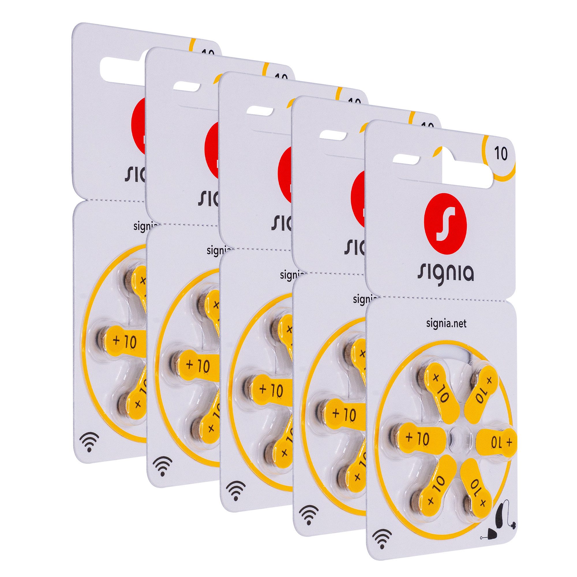 Signia Signia Hörgeräte Batterien 10 gelb - 120x + GRATIS Reinigungstuch Batterie, (120 St), 1,4V / 1,45V bis zu 10 Jahre lagerfähig ohne Leistungsverlust.