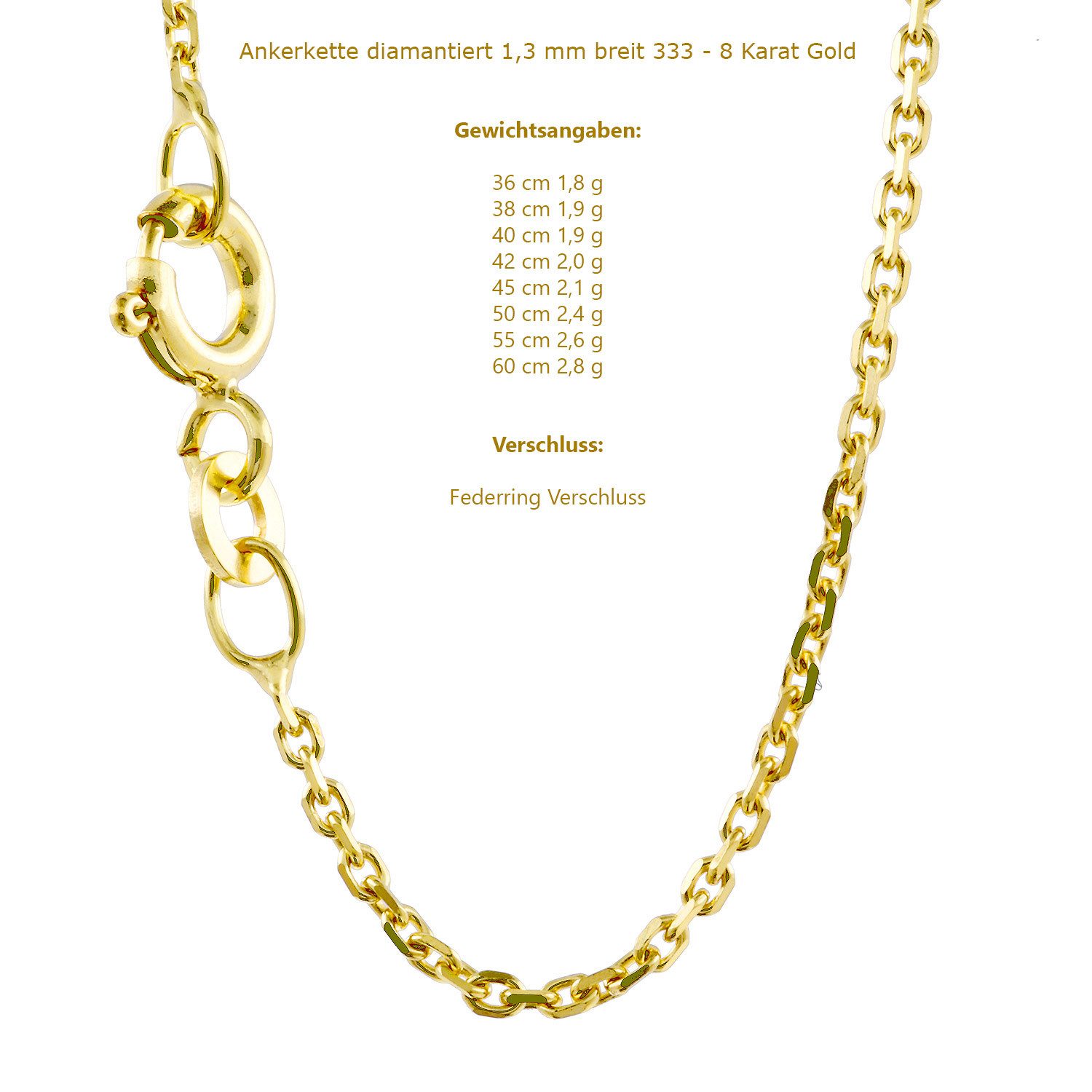 HOPLO Goldkette Goldkette Ankerkette diamantiert 333 - 8 Karat Gold 1,3 mm günstig online kaufen