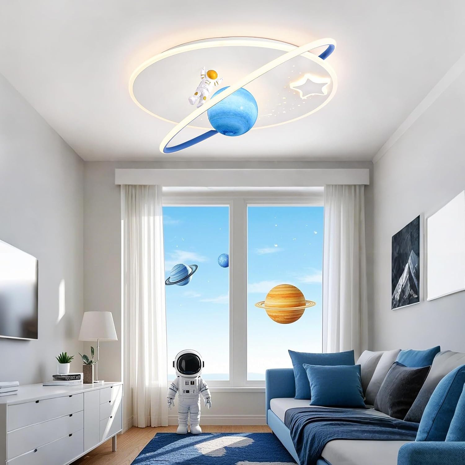RRBEST Deckenleuchte LED Kinder Deckenlampe, Modernes Design Mond Astronaut Deckenleuchte, Dimmbar mit Fernbedienung Jungen und Mädchen Kinderzimmer Lampen