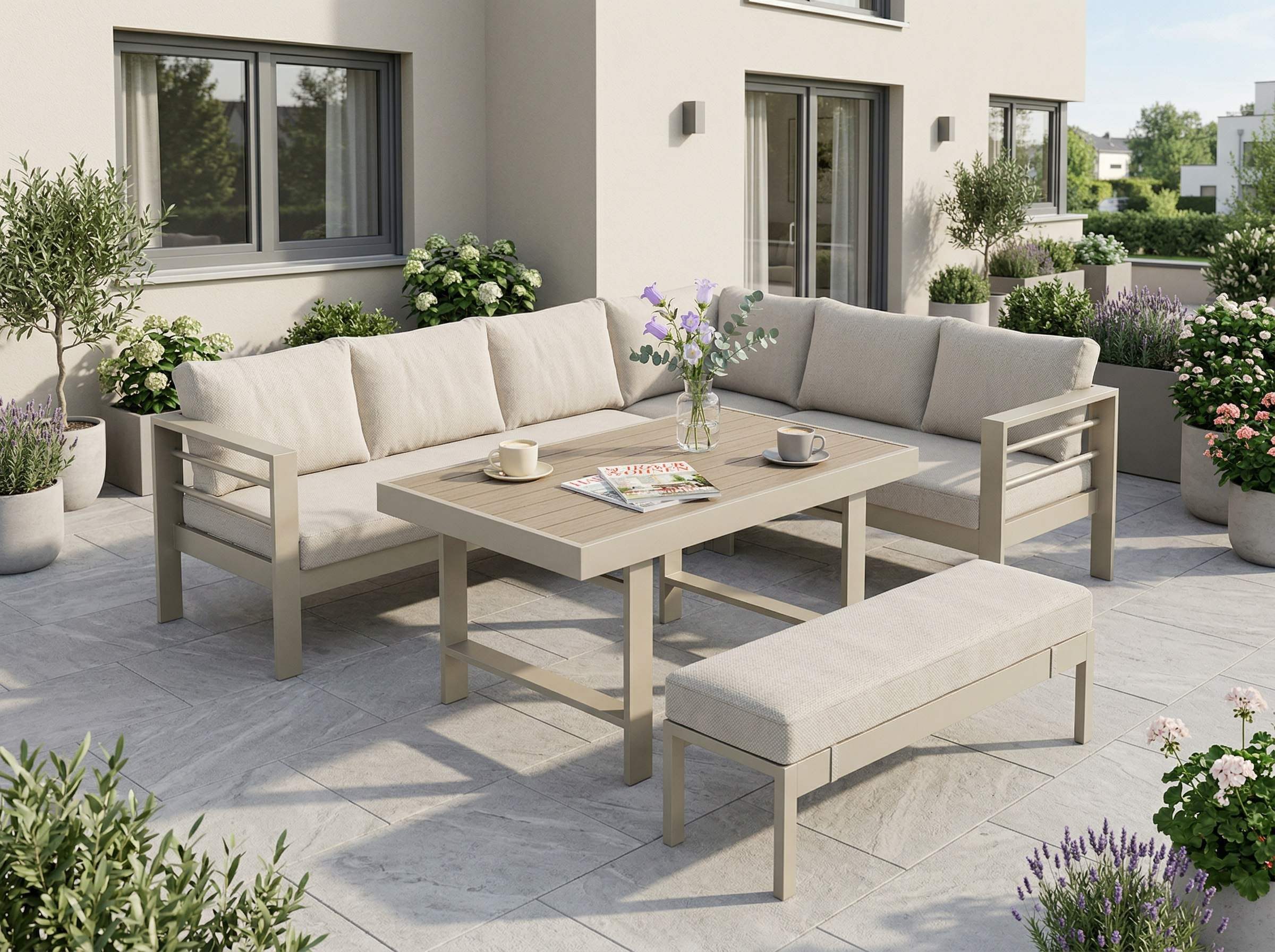 MeXo Gartenlounge-Set XXL Outdoor Lounge Set mit Esstisch, (Wetterfeste modulare Ecklounge aus Aluminium, 5-tlg., Gartenmöbel Set für 6-8 Personen), 12cm Deluxe Relax-Sitzkissen, 8 cm breite Armlehne