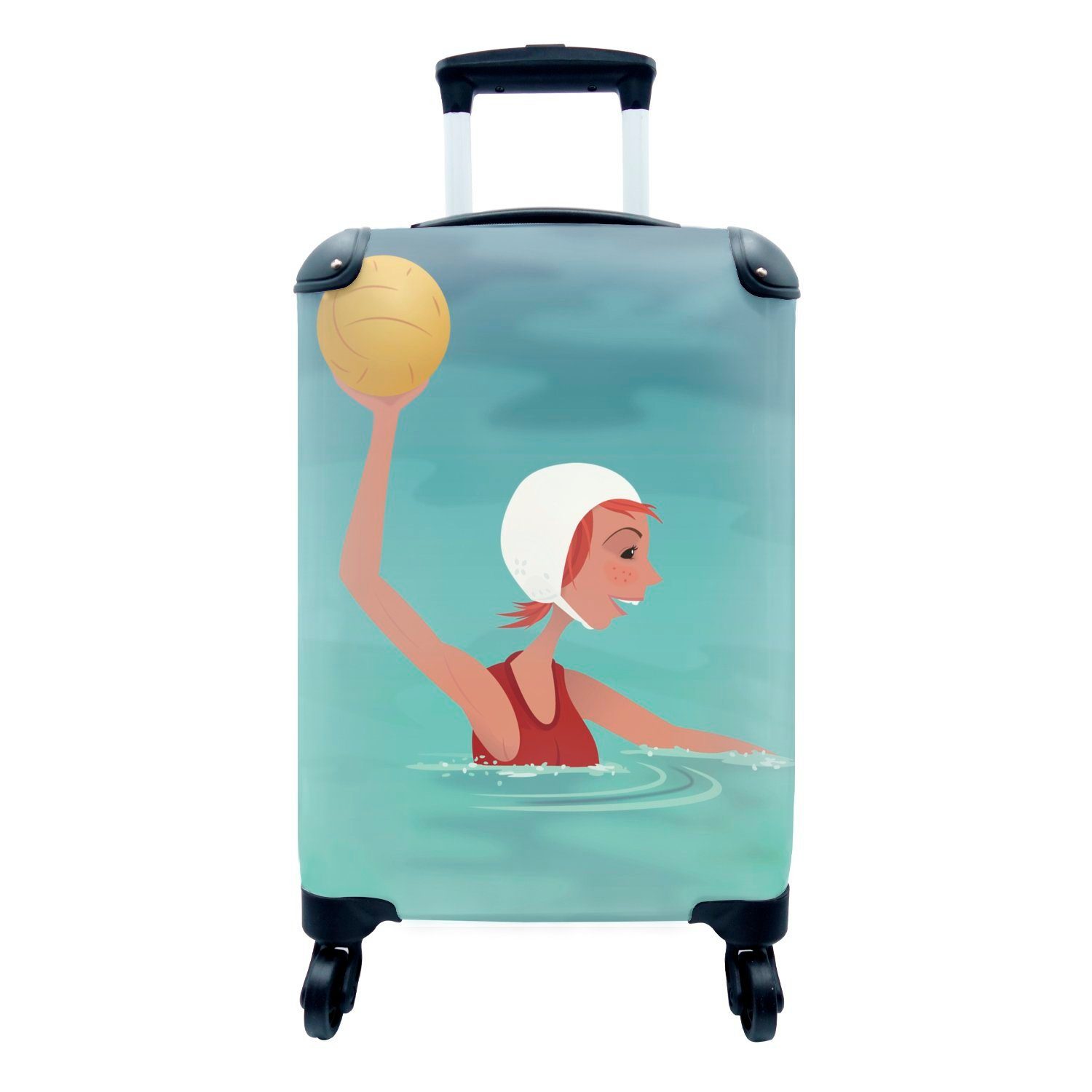 MuchoWow Handgepäckkoffer Eine Illustration einer Frau, die Wasserball spielt, 4 Rollen, Reisetasche mit rollen, Handgepäck für Ferien, Trolley, Reisekoffer | Handgepäck-Koffer