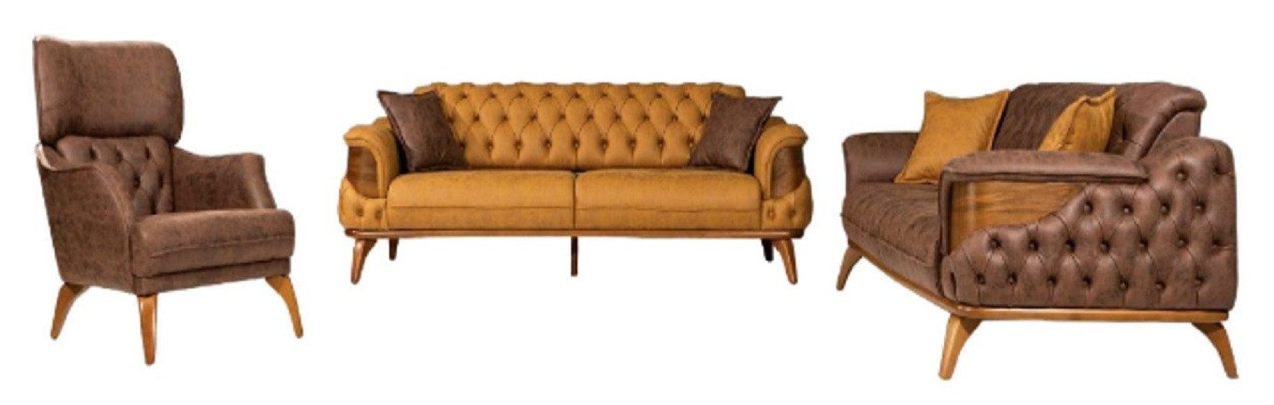 JVmoebel Chesterfield-Sofa Elegantes Sofa und Sessel in Braun und Gelb für modernen Wohnstil, 3 Teile, Made in Europa
