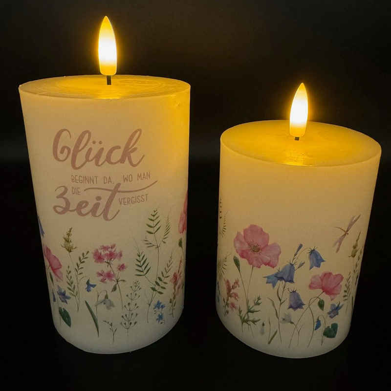 Online-Fuchs LED-Kerze 2 LED Kerzen mit Blumenmotiv aus Echtwachs mit Docht & Timer -, Deko Set für Ostern, Frühling, Sommer