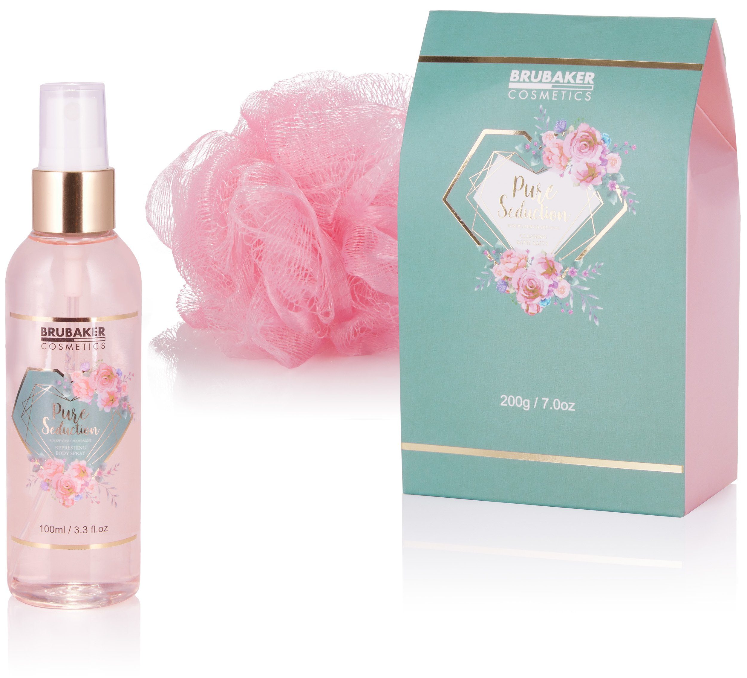 BRUBAKER Pflege-Geschenkset Bade- und Dusch Set - Frauen Wellness Beauty Pflegeset, 7-tlg., Geschenkset in Windlicht mit Rosenwasser & Champagner Duft, Badeset – Bild 4 von 5