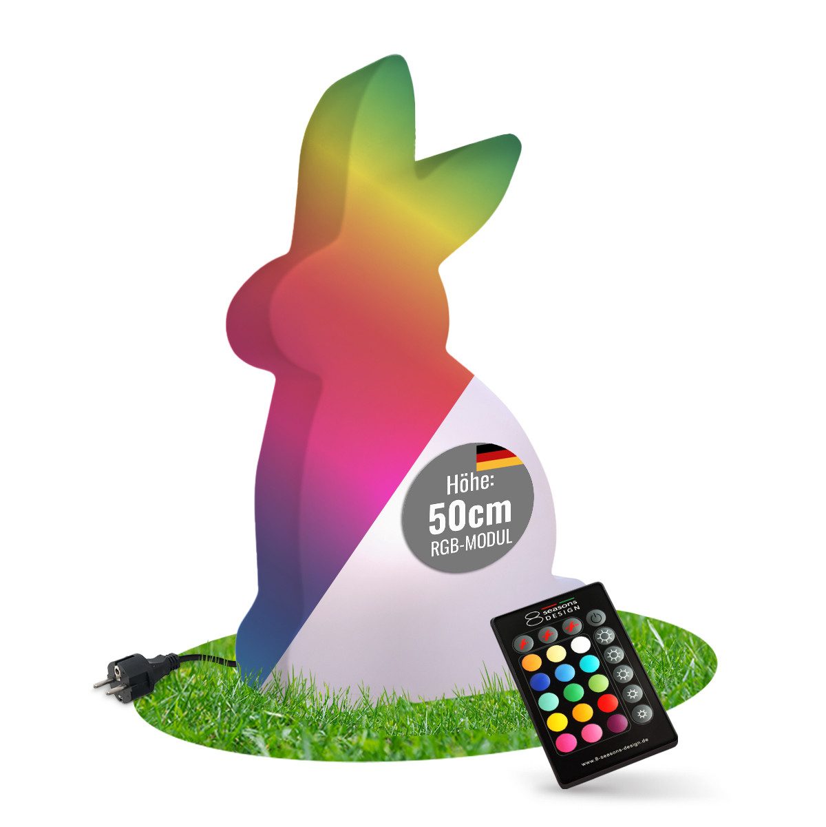8 seasons design LED Dekofigur Shining Rabbit, Dekolampe für außen (Garten, Terrasse), Osterdeko, LED fest integriert, kaltweißes und buntes Licht (15 Farben), dimmbar, RGB Farbwechsel, Fernbedienung - Osterhase, Frühlingsdeko