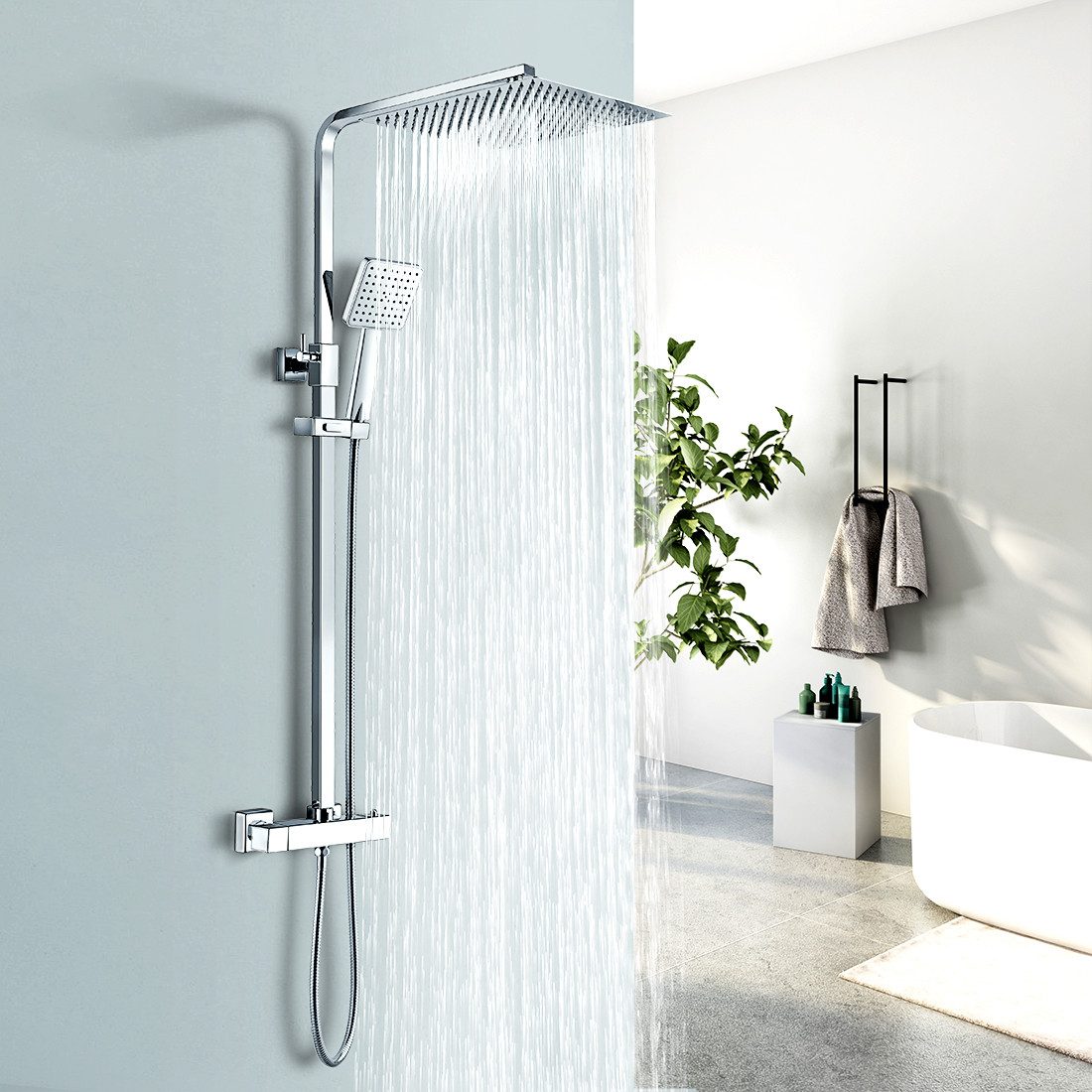 Duschsystem eckig Duschsäule mit Thermostat Regendusche und Handbrause Dusche