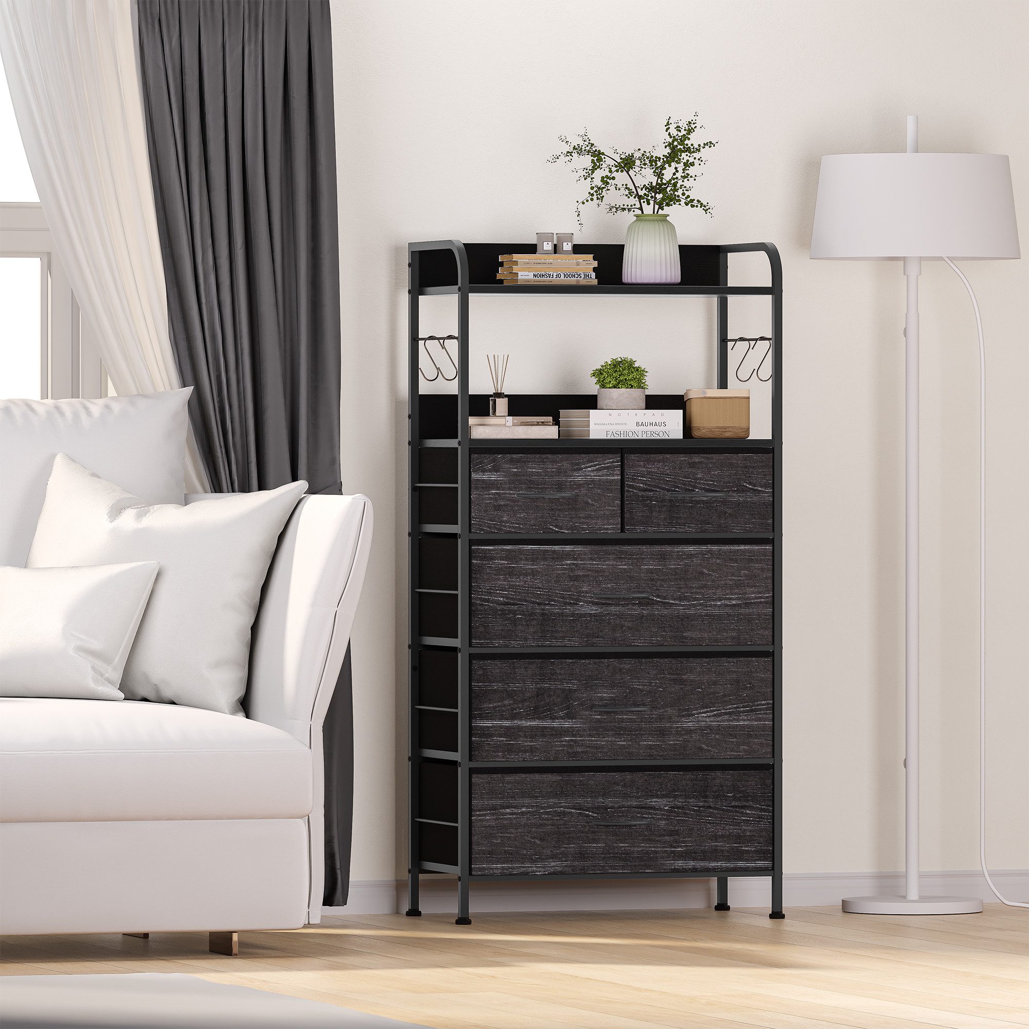 GarveeMore Kommode Schrank Aufbewahrungsschrank mit 5 Schubladen aus Stoff 60x30x120cm – Bild 2 von 5