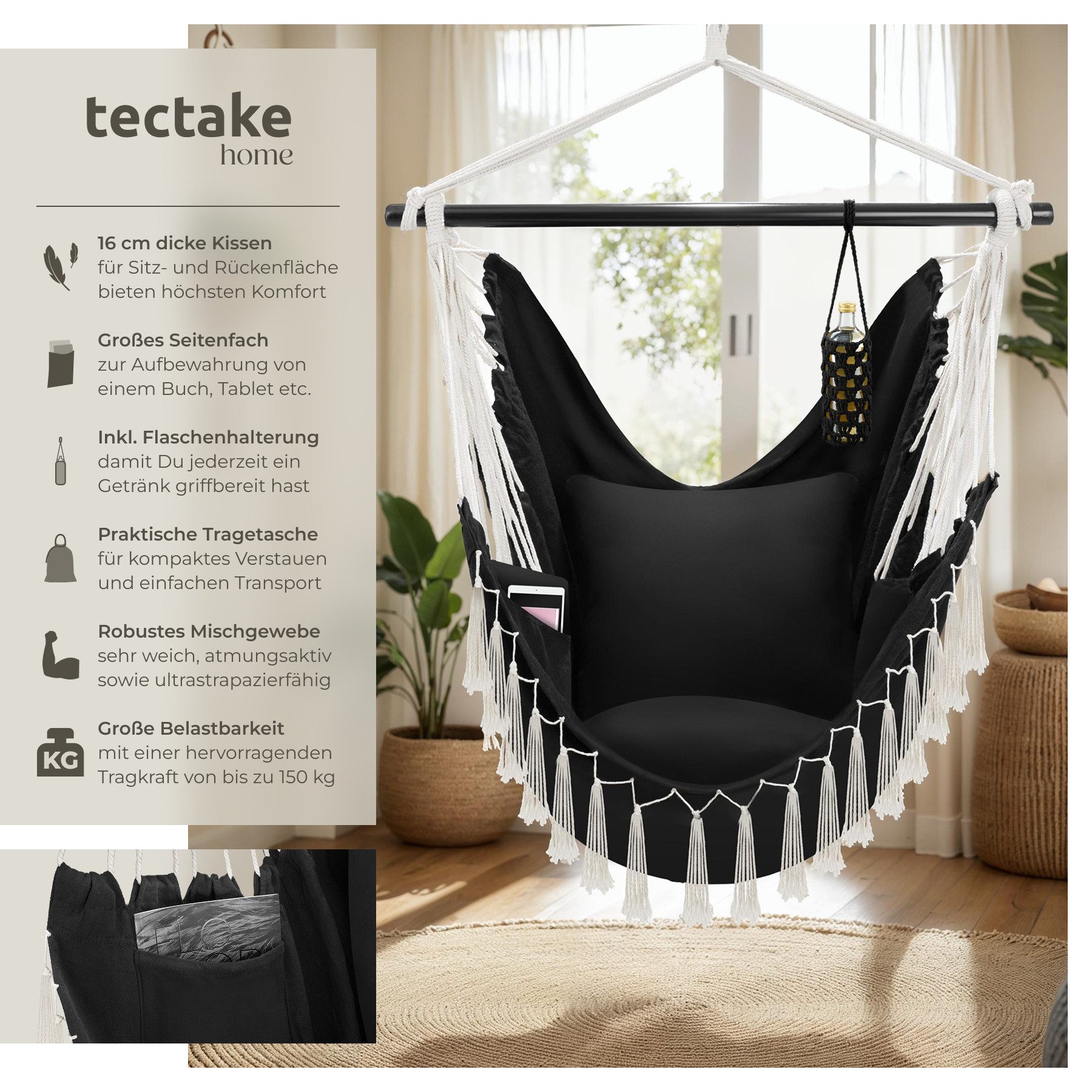 tectake Hängesessel Schaukelstuhl Malika, Boho-Style, Belastbarkeit günstig online kaufen