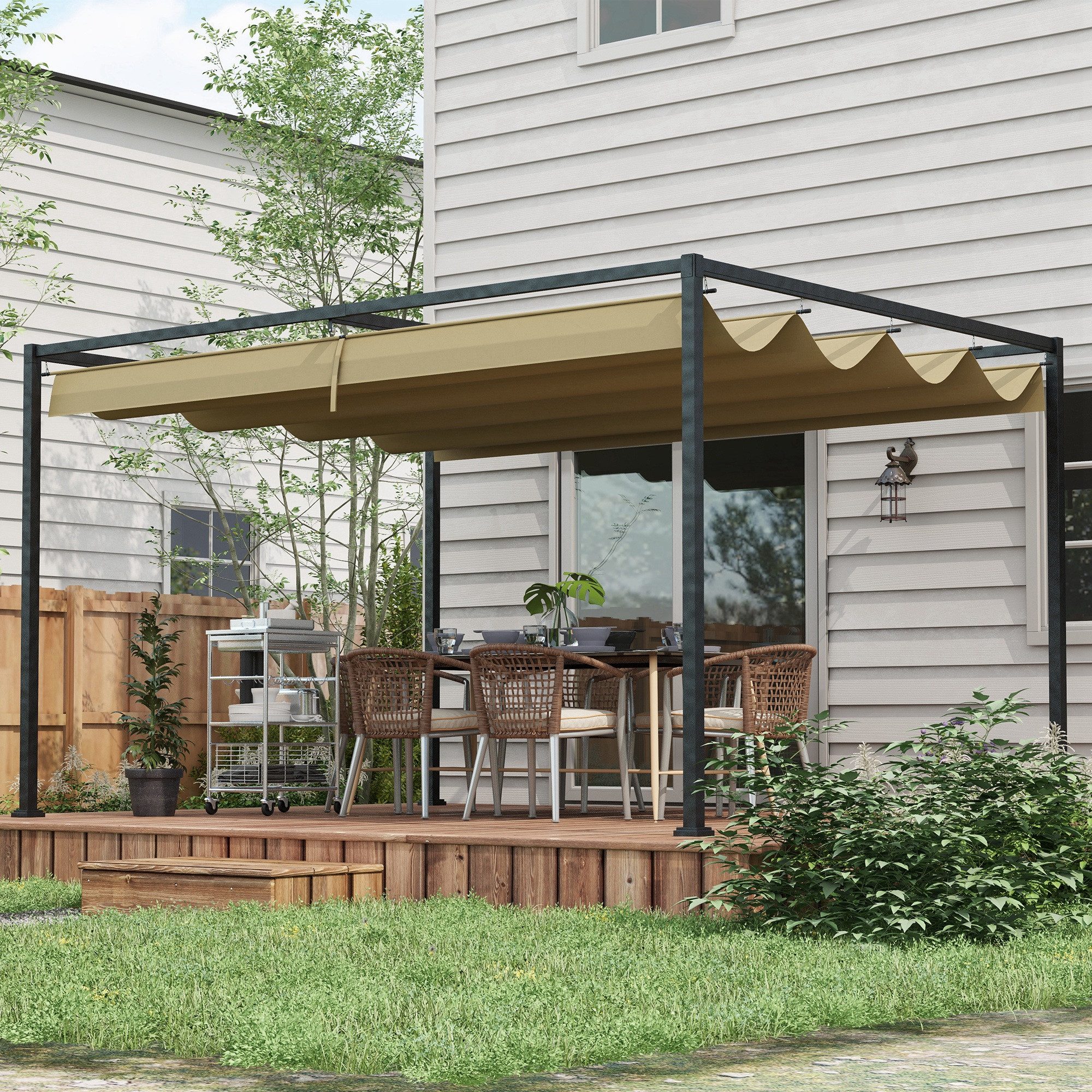 Outsunny Pergola 4x3m, aus Stahl, mit verstellbares Dach, Freistehend, (Garten Pavillon, 1-tlg., Terrassendachung), Sonnenschutz für Terrasse und Garten, Khaki