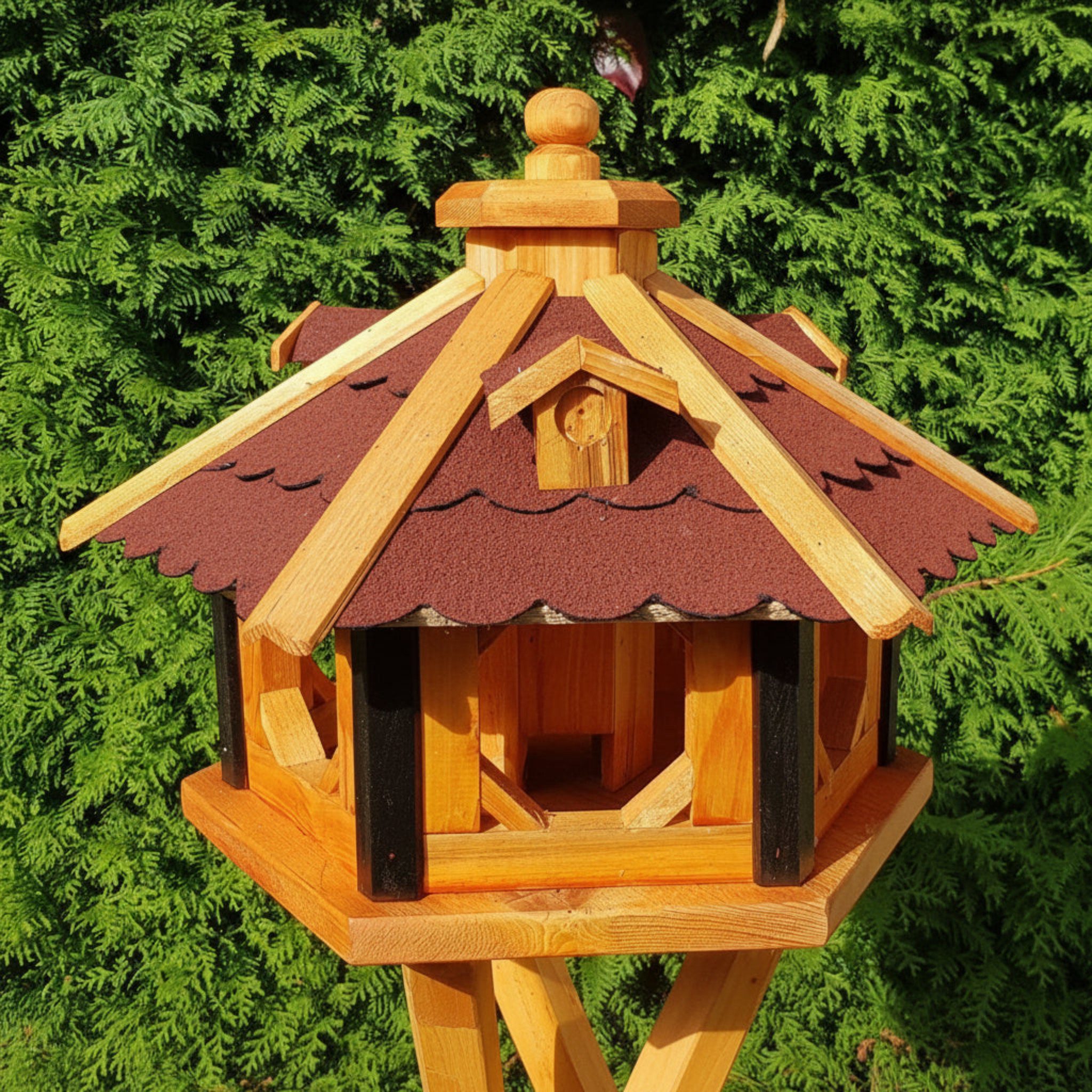 Holzdekoladen Vogelhaus 6-eck Vogelhaus Holz mit Futterspender,wetterfest,optional Ständer