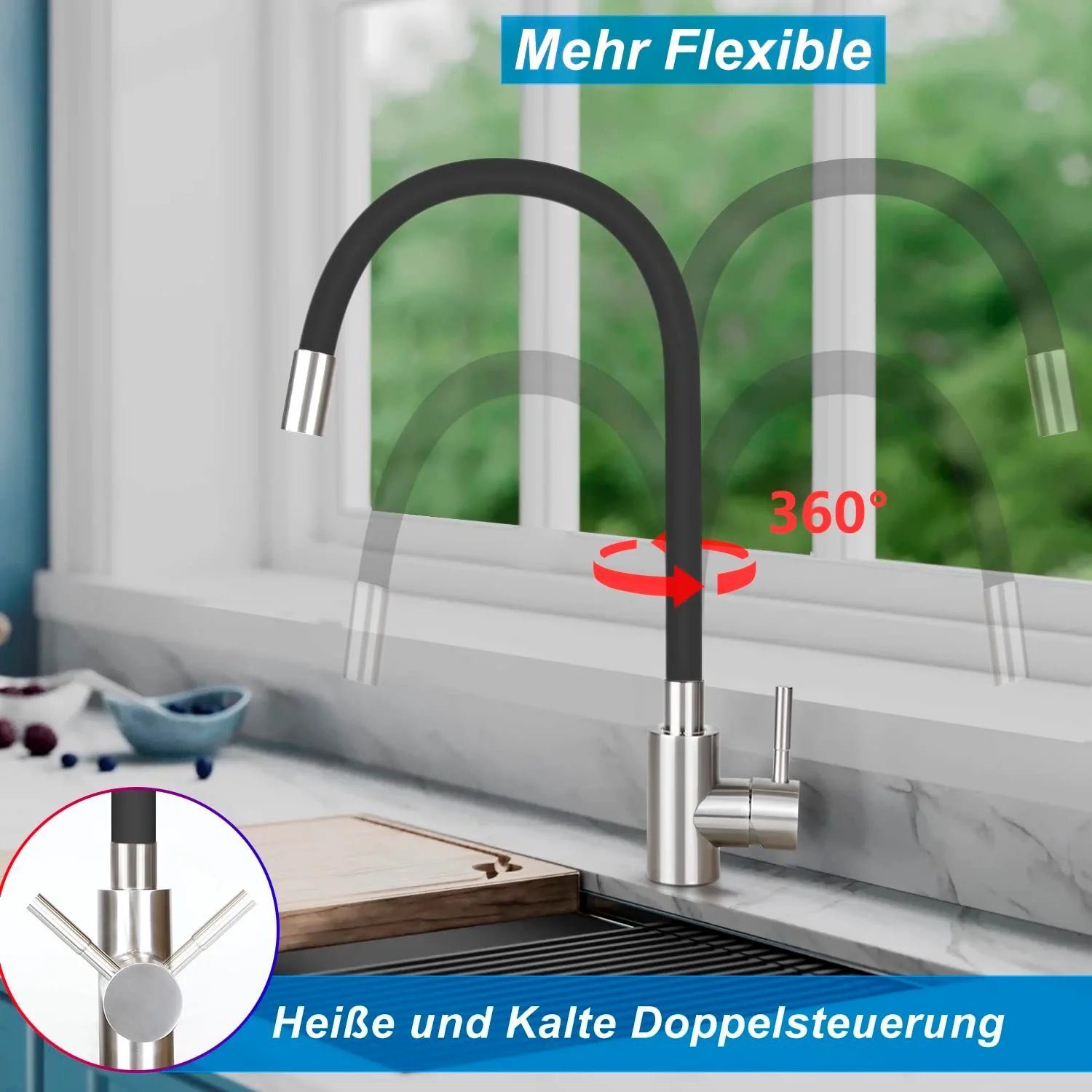 Nettlife Küchenarmatur Küche wasserhahn 360° Schwenkbar Spültischarmatur Hochdruck (Mischbatterie) Silikon, Edelstahl