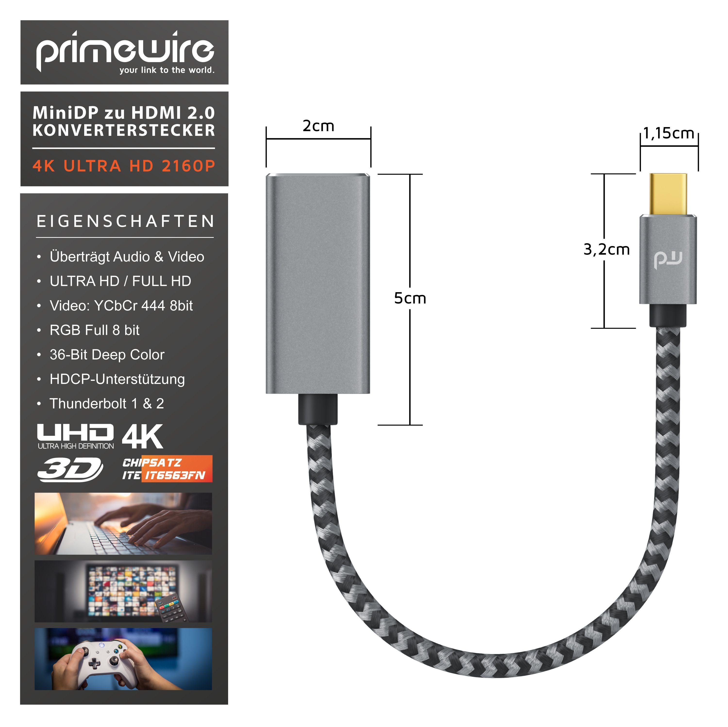 Primewire Audio- & Video-Kabel, Mini DisplayPort, HDMI Typ A (15 cm), 4K mDP zu Hdmi 2.0 Adapter / Kabel, 4K@60Hz,Thunderbolt 1 - 2 - 0,15m