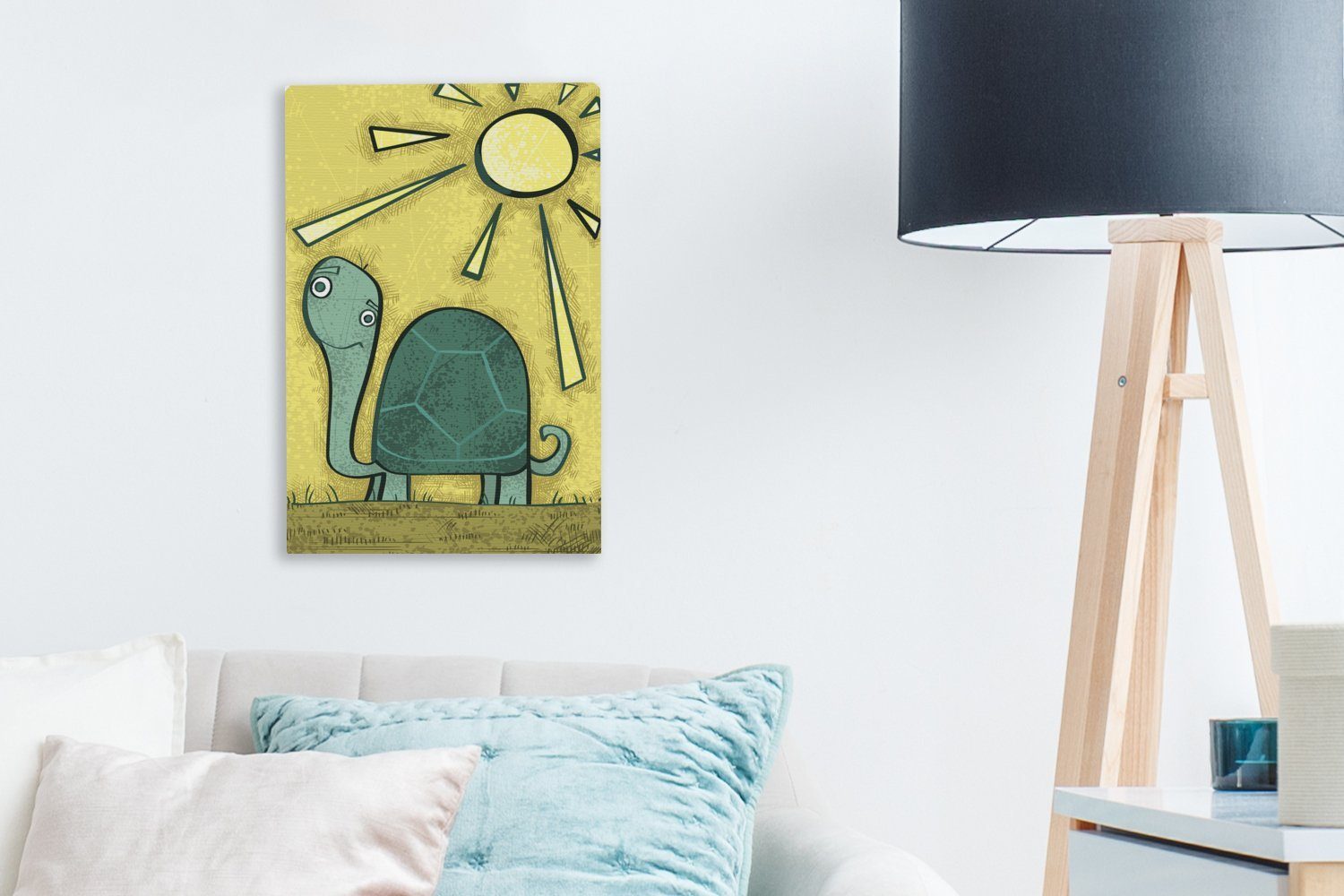 OneMillionCanvasses® Leinwandbild (1 einer Schildkröte bespannt in Leinwandbild Illustration cm der grünen 20x30 fertig Gemälde, St), Sonne, Zackenaufhänger, inkl