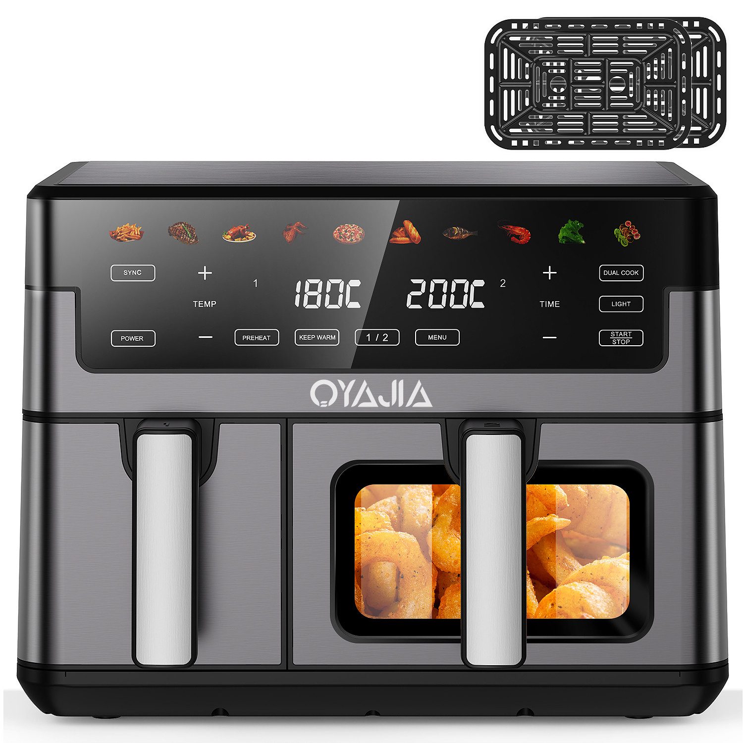 oyajia Heißluftfritteuse Heißluftfritteuse Dual Zone Heißluftfritteuse XXL, 10 Programme, Air fryer 11,2 L, Ohne Öl Frituese, Temperaturregelung für das Luftbraten, Braten, 2600,00 W